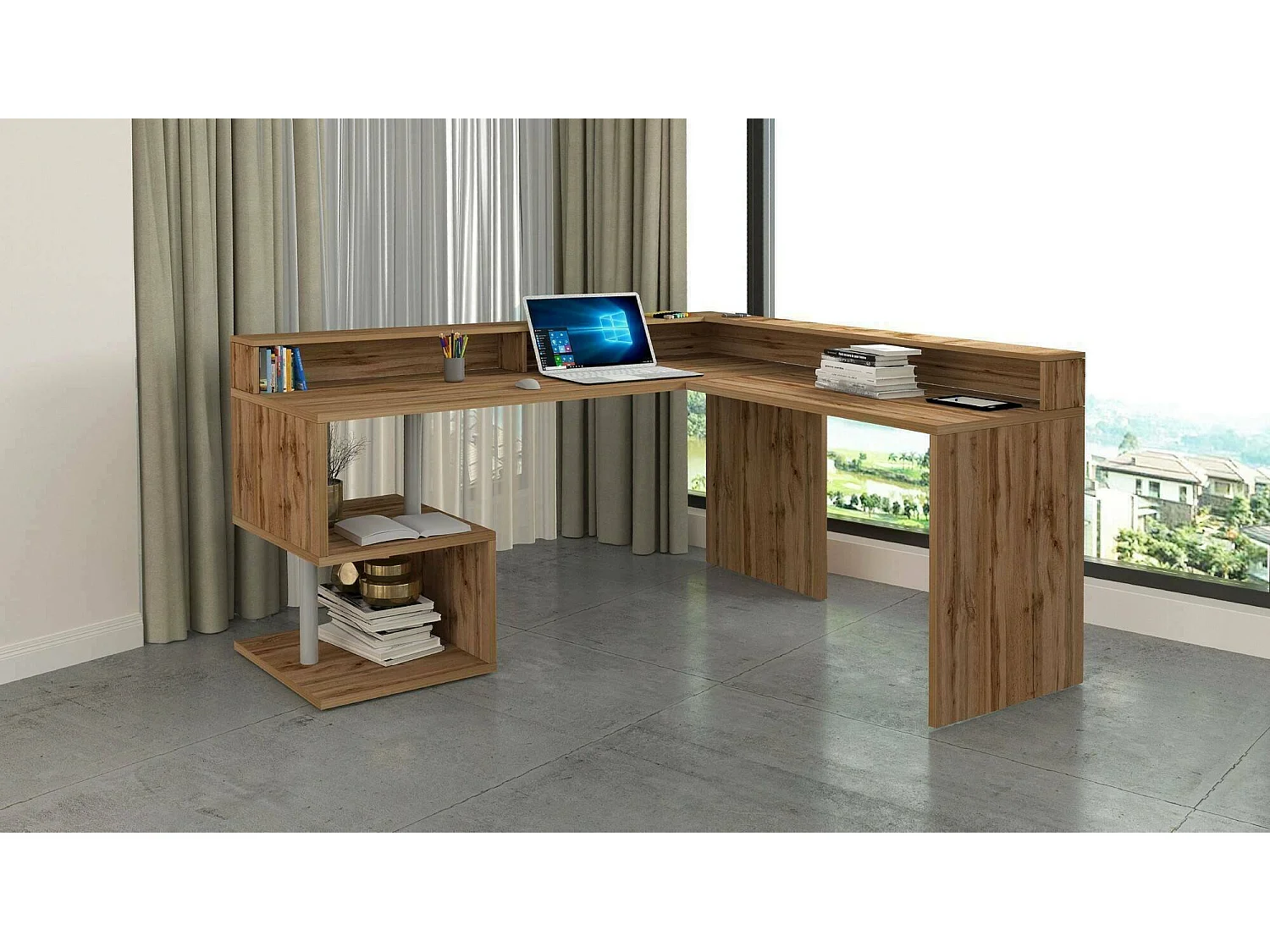 Scrivania Auletta, 2 Ripiani Made in Italy, 93x180x160h cm Marrone Rovere