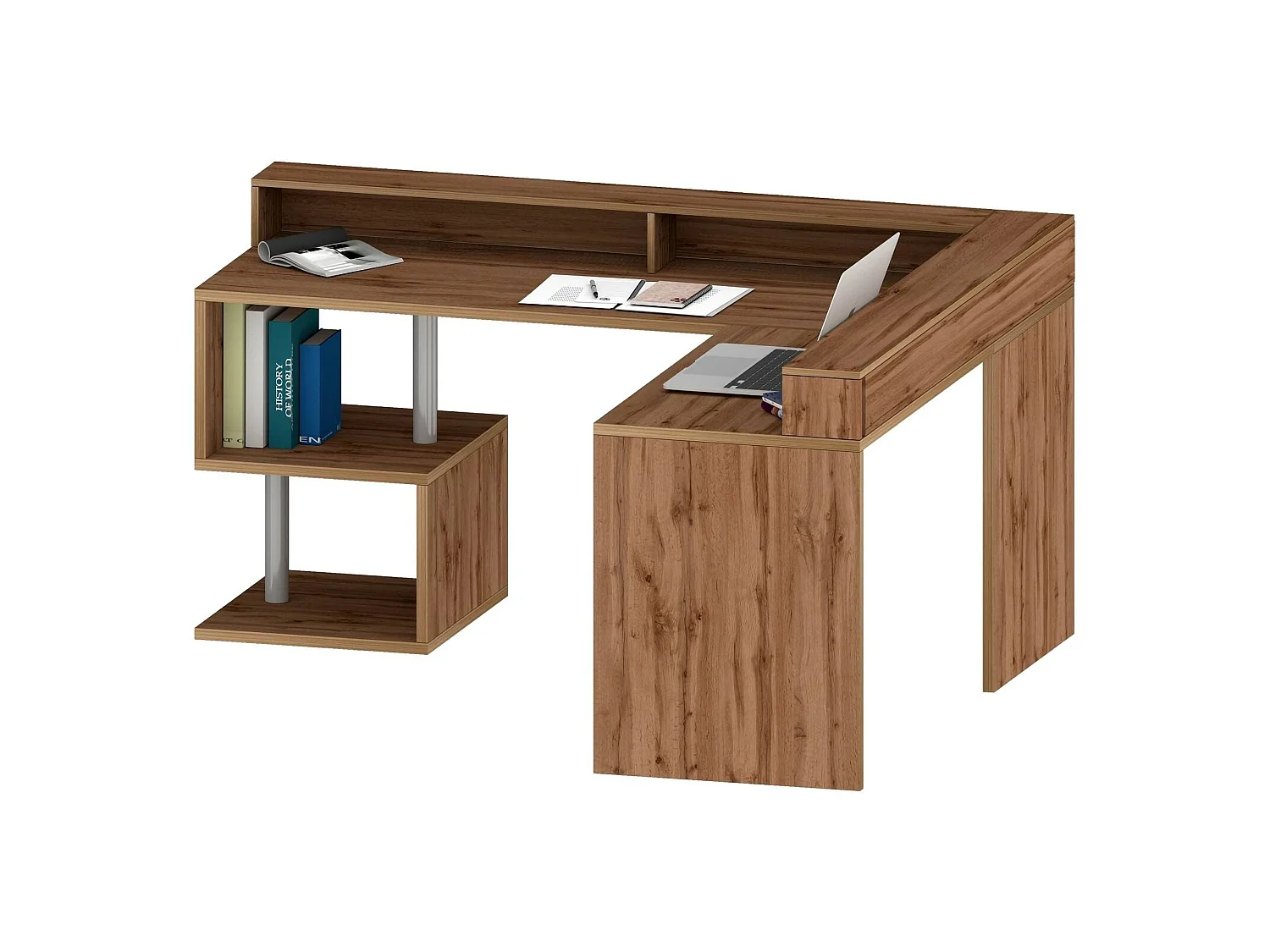 Bureau Sansone, Bureau d'angle avec étagères de rangement, Bureau polyvalent avec plateau, 180x60h93 cm, Chêne