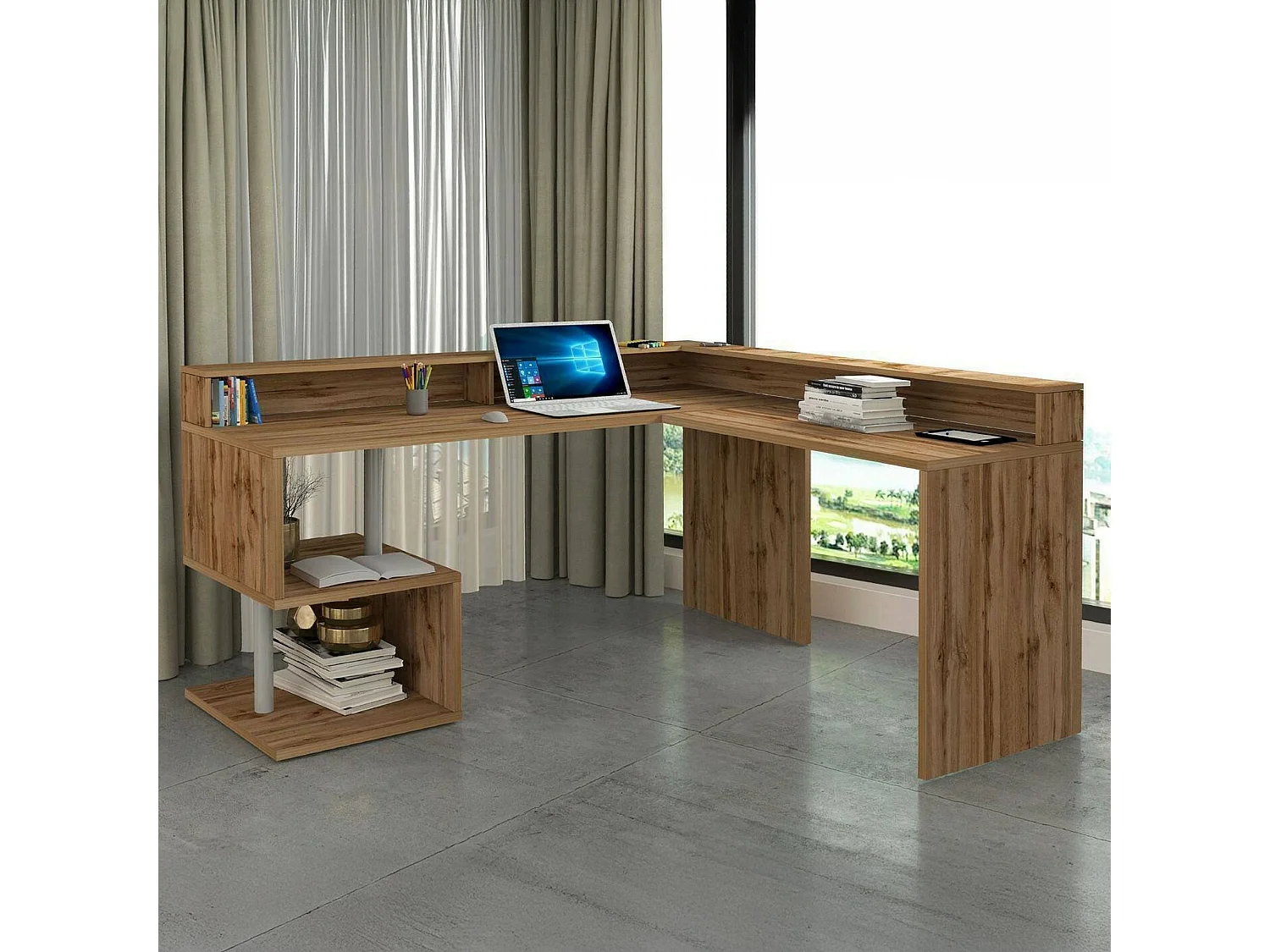 Bureau Sansone, Bureau d'angle avec étagères de rangement, Bureau polyvalent avec plateau, 180x60h93 cm, Chêne