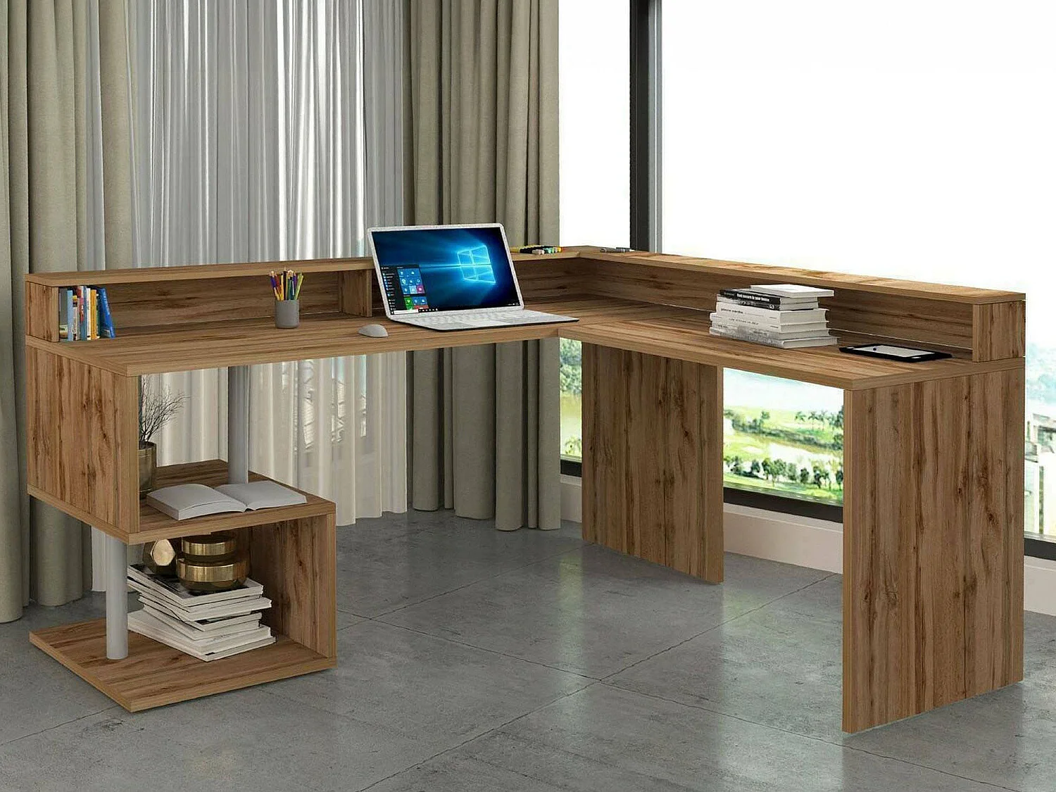 Bureau Sansone, Bureau d'angle avec étagères de rangement, Bureau polyvalent avec plateau, 180x60h93 cm, Chêne