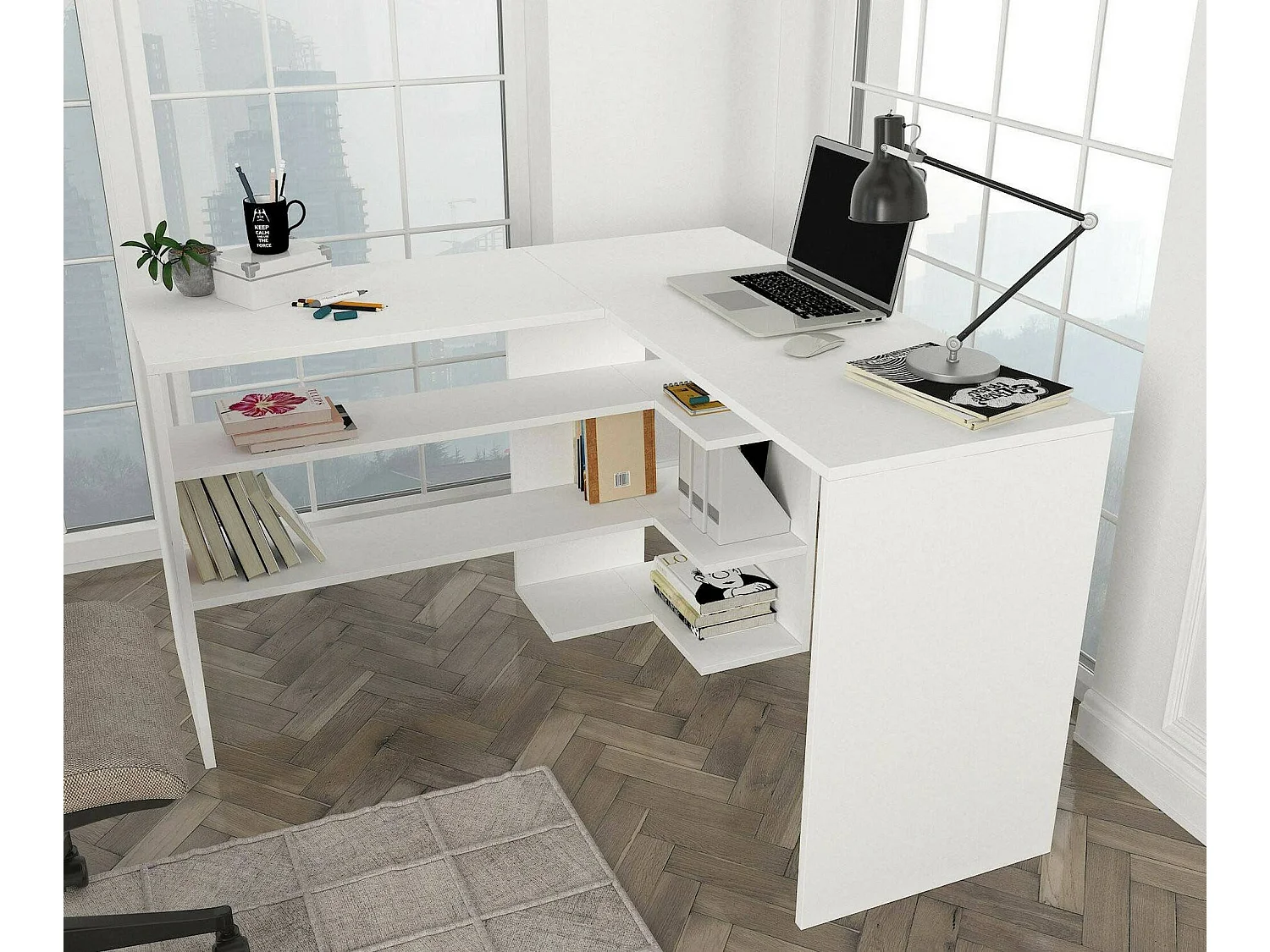 Dmora - Scrivania Emiliana, 120x120h74 cm, Bianco