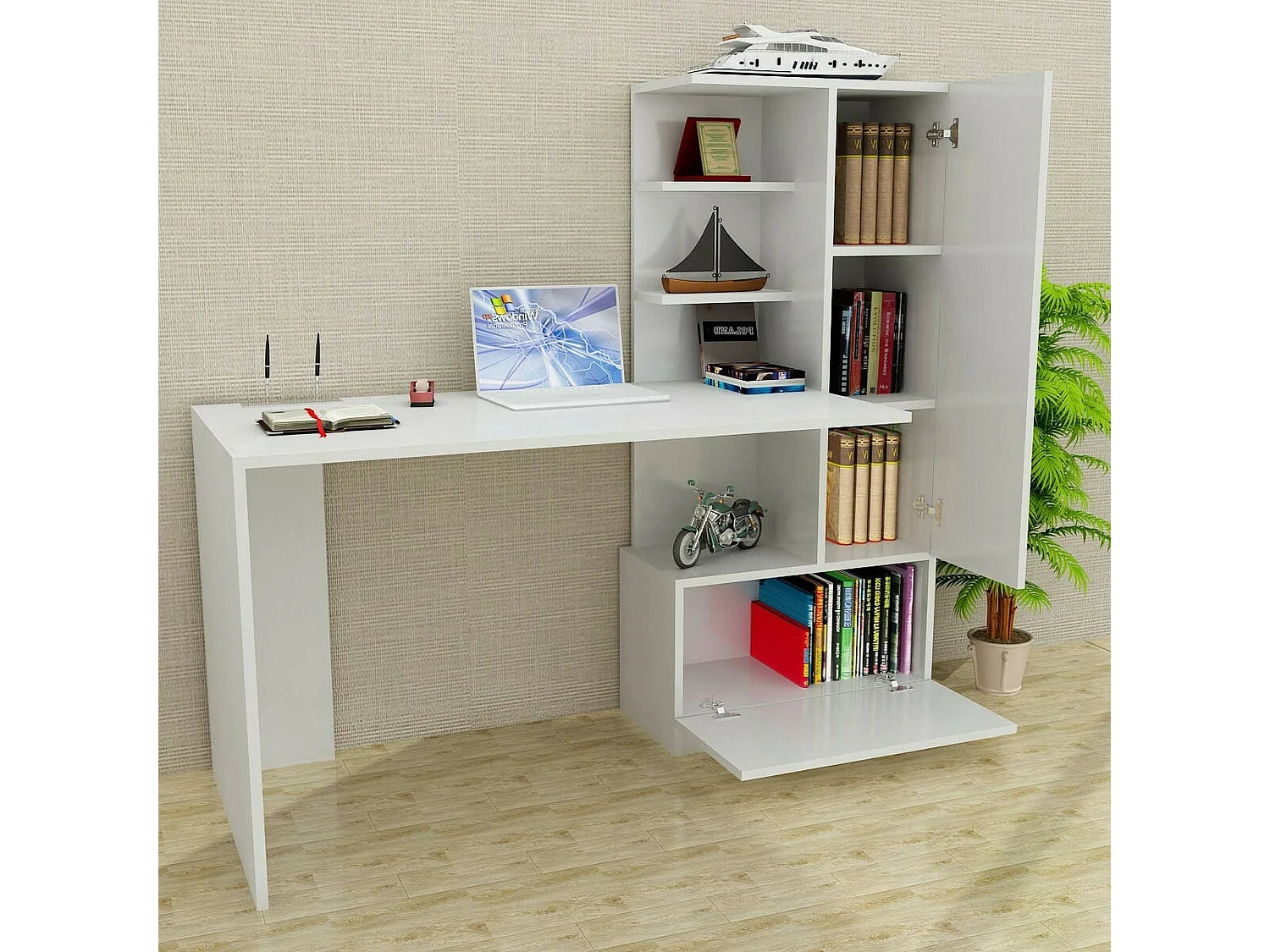 Schreibtisch Dniccola, Mehrzweckschreibtisch, Bürotisch für PC, Eckschreibtisch, 120x62h74 cm, Weiß
