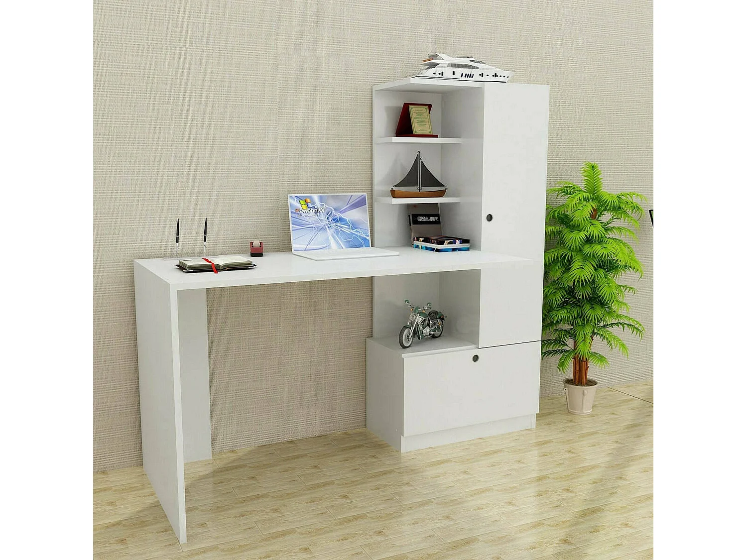 Secretária Dniccola, ScritToio multiuso, mesa de escritório com suporte para PC, bancada, 120x62h74 cm, Branco