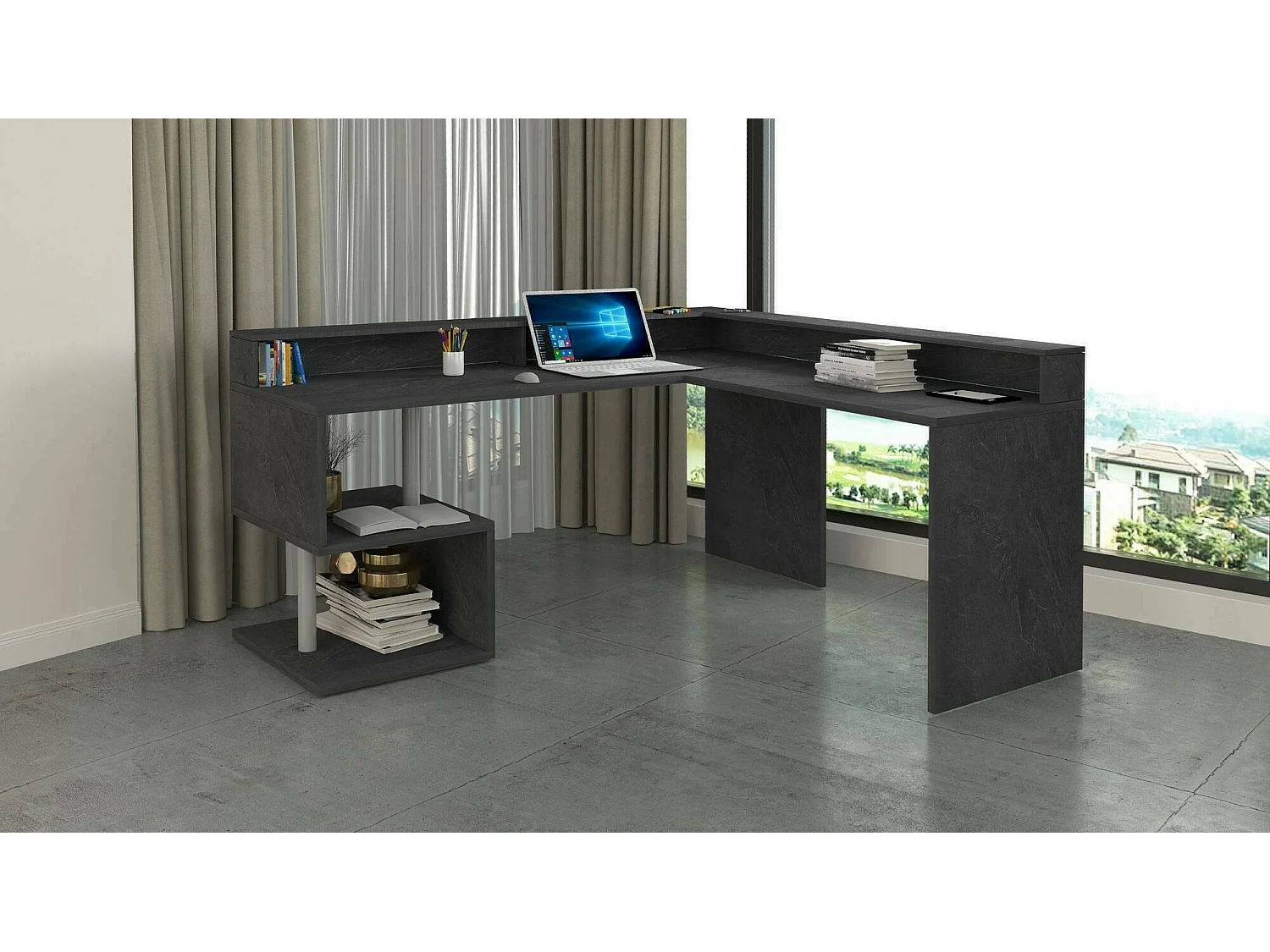 Bureau Sansone, Bureau d'angle avec étagères de rangement, Bureau polyvalent avec plateau, 180x60h93 cm, Ardoise