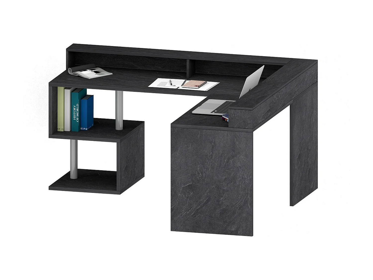 Bureau Sansone, Bureau d'angle avec étagères de rangement, Bureau polyvalent avec plateau, 180x60h93 cm, Ardoise