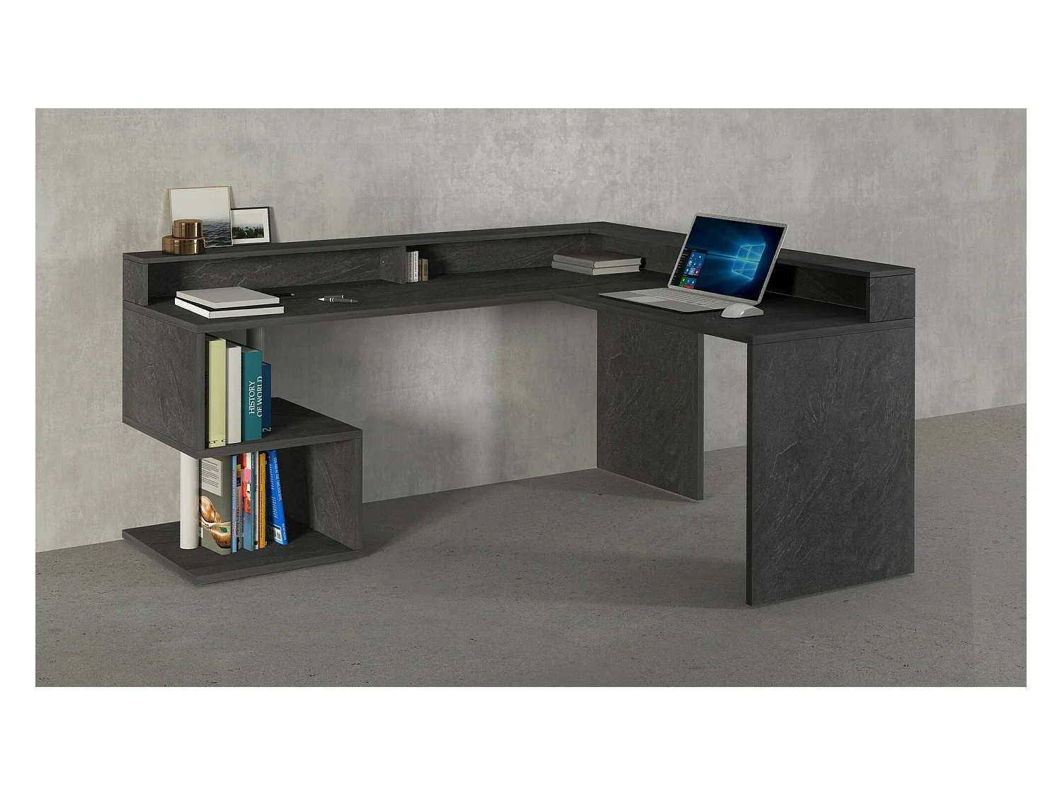 Bureau Sansone, Bureau d'angle avec étagères de rangement, Bureau polyvalent avec plateau, 180x60h93 cm, Ardoise