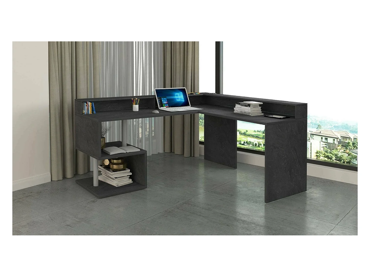 Bureau Sansone, Bureau d'angle avec étagères de rangement, Bureau polyvalent avec plateau, 180x60h93 cm, Ardoise