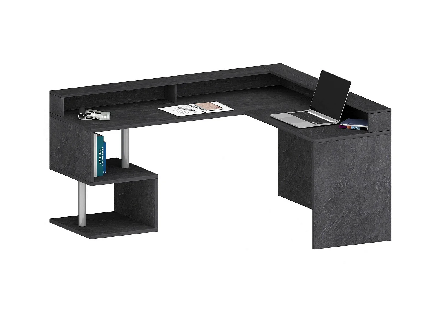 Bureau Sansone, Bureau d'angle avec étagères de rangement, Bureau polyvalent avec plateau, 180x60h93 cm, Ardoise