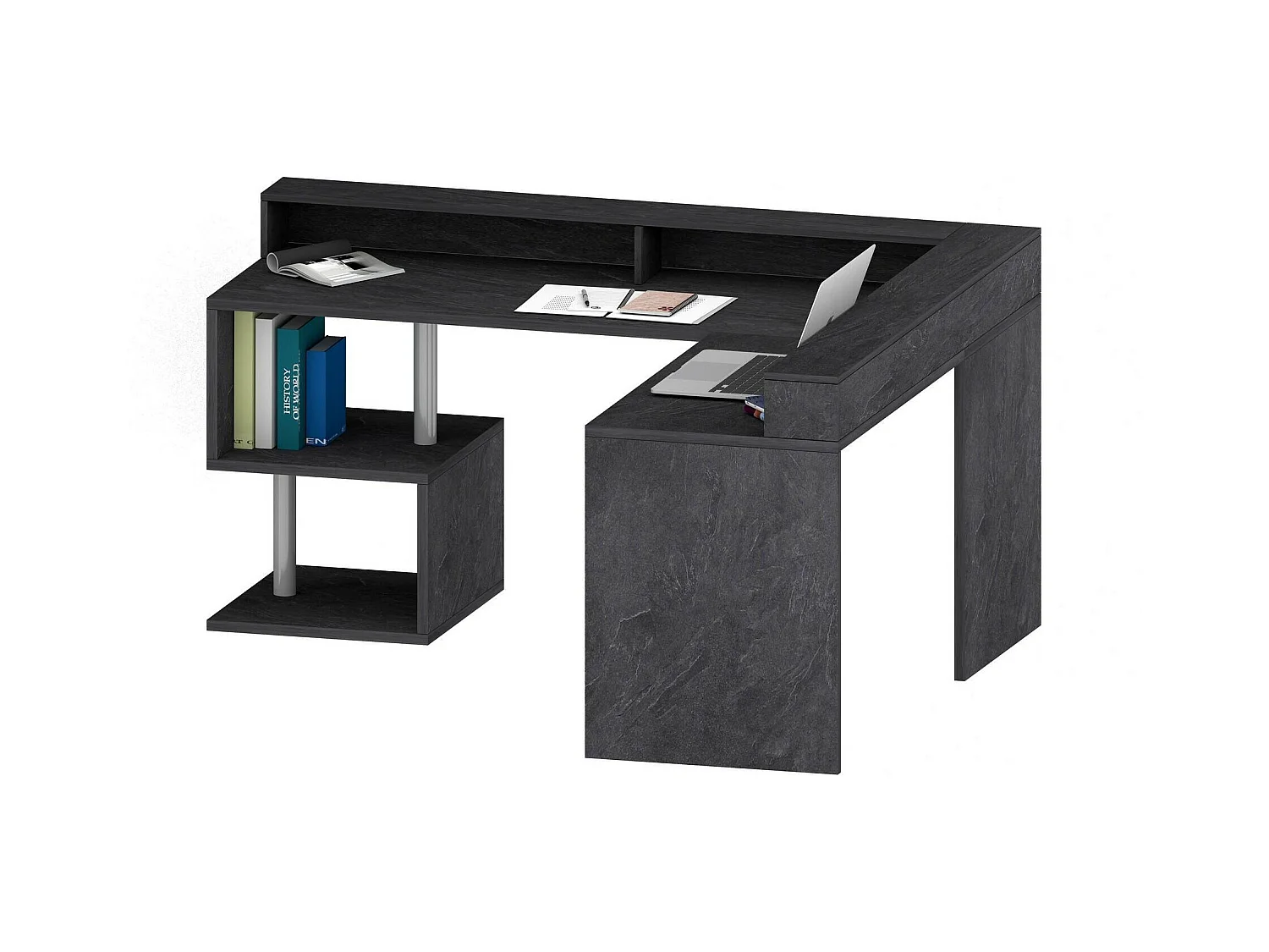 Bureau Sansone, Bureau d'angle avec étagères de rangement, Bureau polyvalent avec plateau, 180x60h93 cm, Ardoise