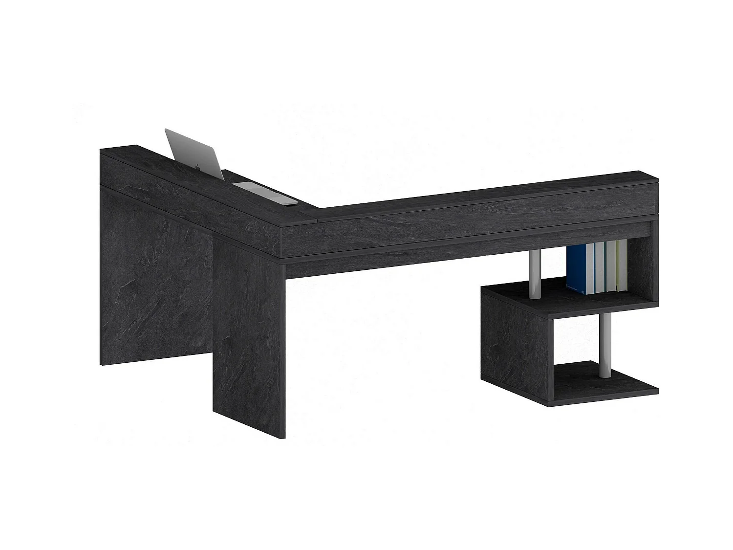 Bureau Sansone, Bureau d'angle avec étagères de rangement, Bureau polyvalent avec plateau, 180x60h93 cm, Ardoise