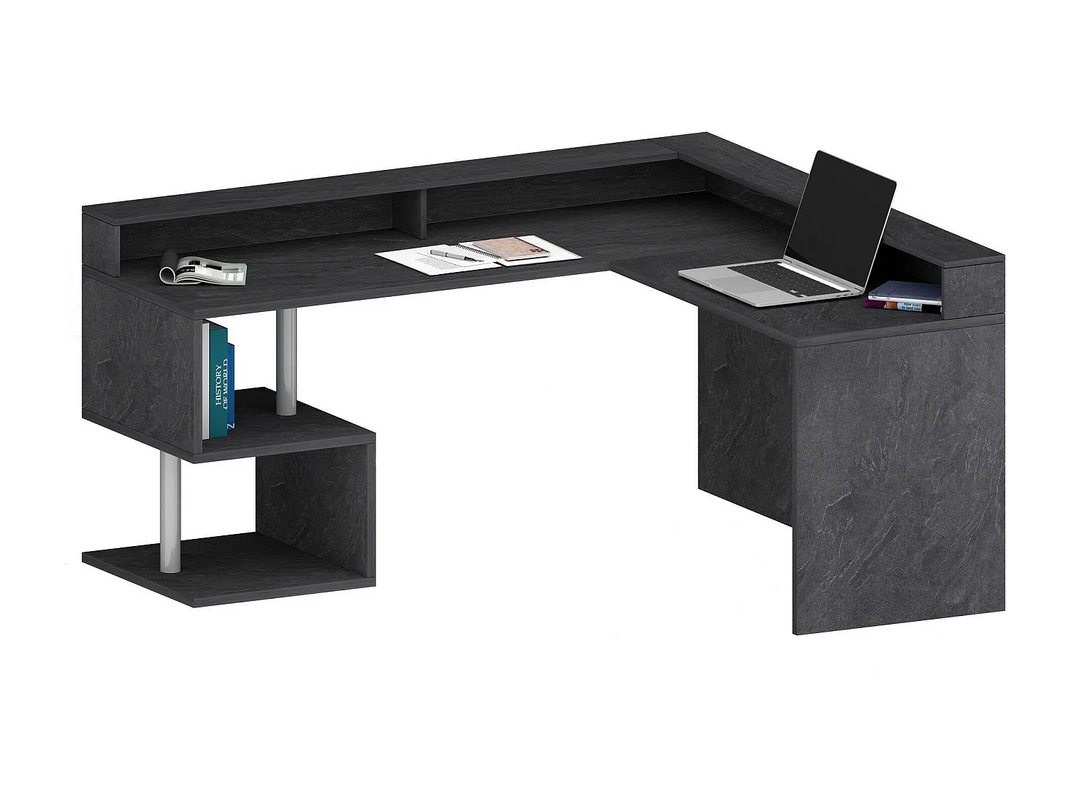 Bureau Sansone, Bureau d'angle avec étagères de rangement, Bureau polyvalent avec plateau, 180x60h93 cm, Ardoise