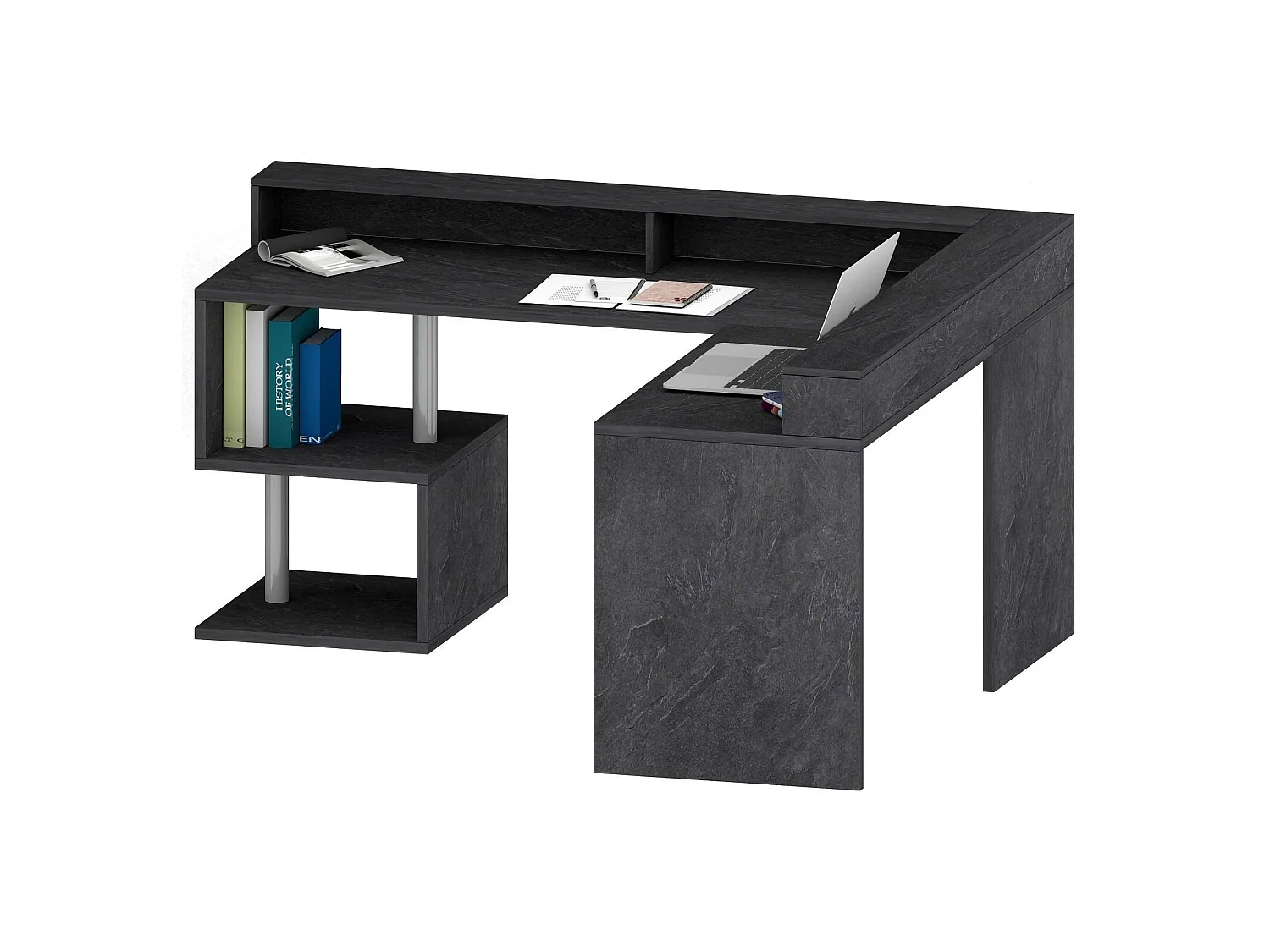 Bureau Sansone, Bureau d'angle avec étagères de rangement, Bureau polyvalent avec plateau, 180x60h93 cm, Ardoise