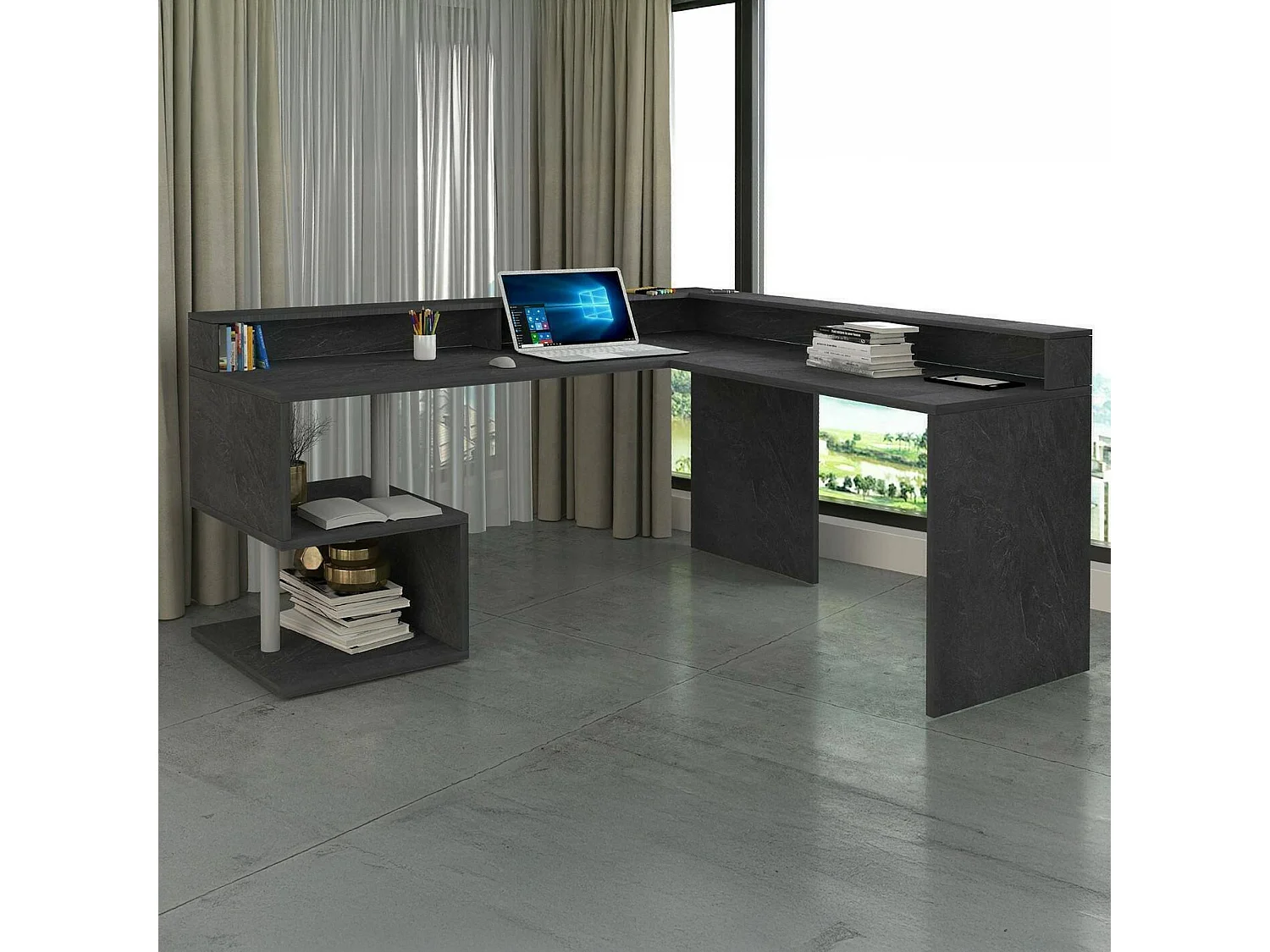 Bureau Sansone, Bureau d'angle avec étagères de rangement, Bureau polyvalent avec plateau, 180x60h93 cm, Ardoise