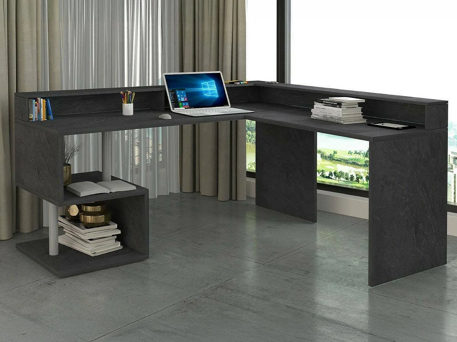 Scrivania Auletta, Angolare Made in Italy, 93x180x160h cm Grigio Ardesia