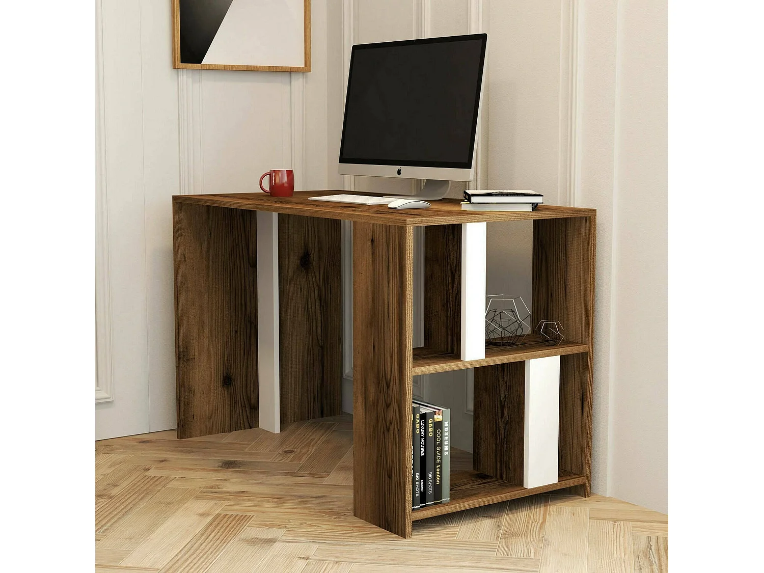 Bureau Schedar, Pupitre polyvalent, Table de bureau pour PC, Plan de travail, 120x60h75 cm, Noyer et Blanc