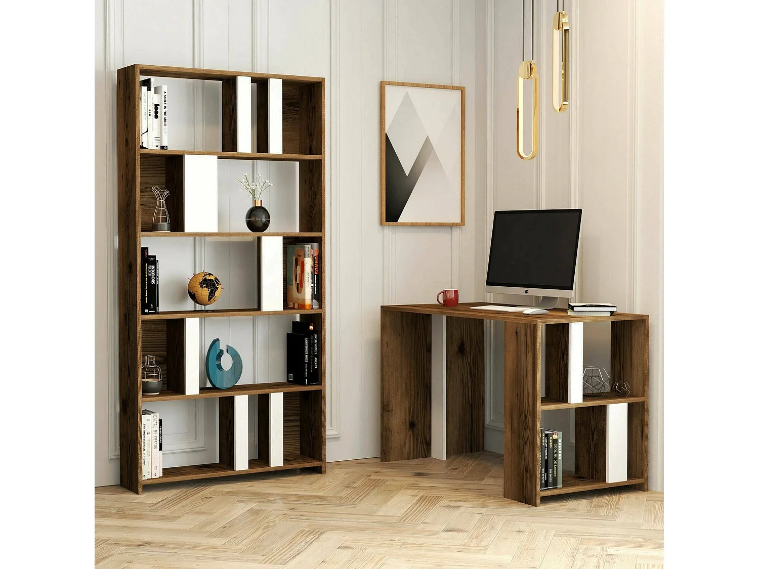 Bureau Mirach, Pupitre polyvalent, Table de bureau pour PC, Plan de travail, 120x60h75 cm, Noyer et Blanc