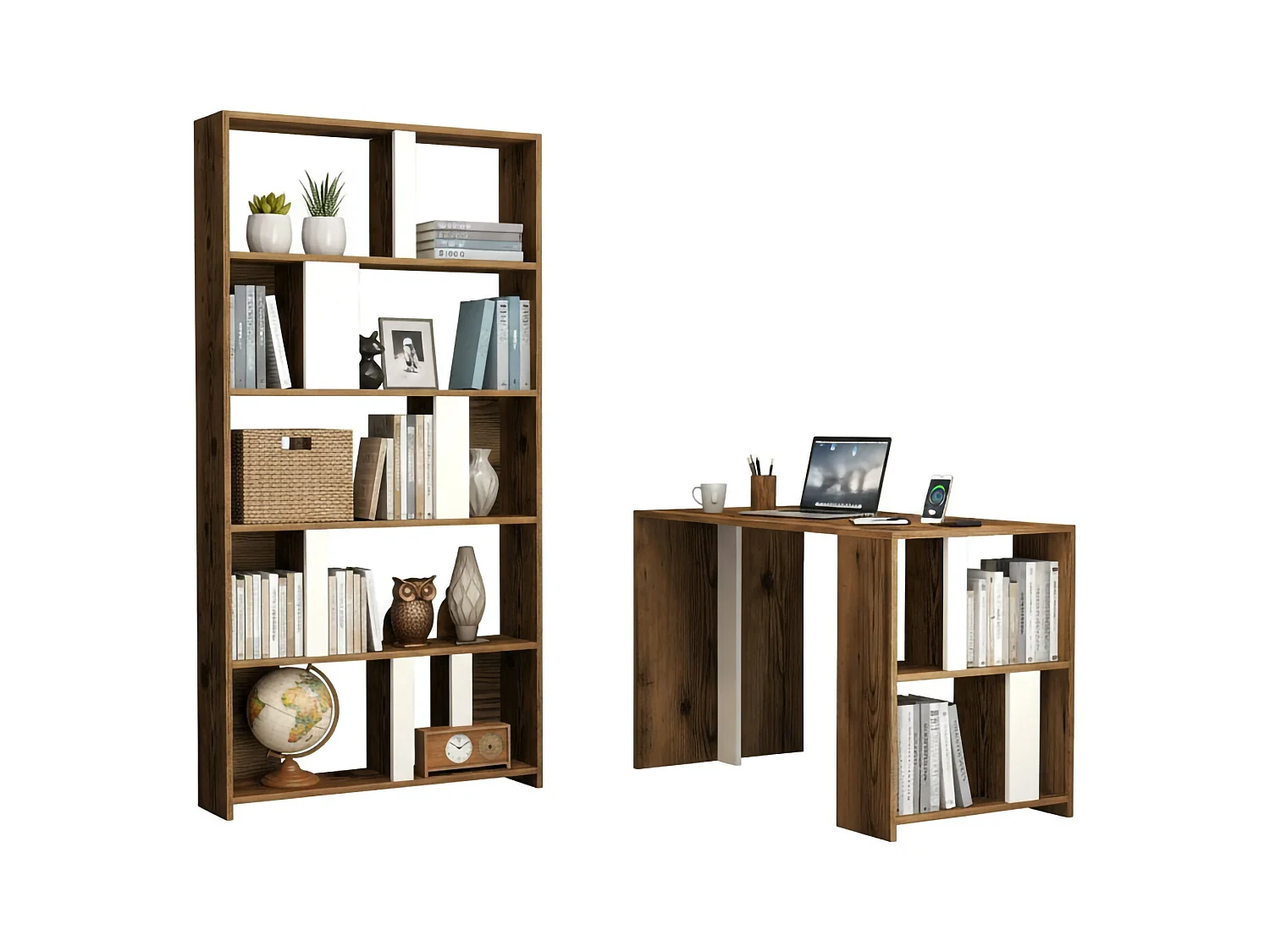 Bureau Mirach, Pupitre polyvalent, Table de bureau pour PC, Plan de travail, 120x60h75 cm, Noyer et Blanc