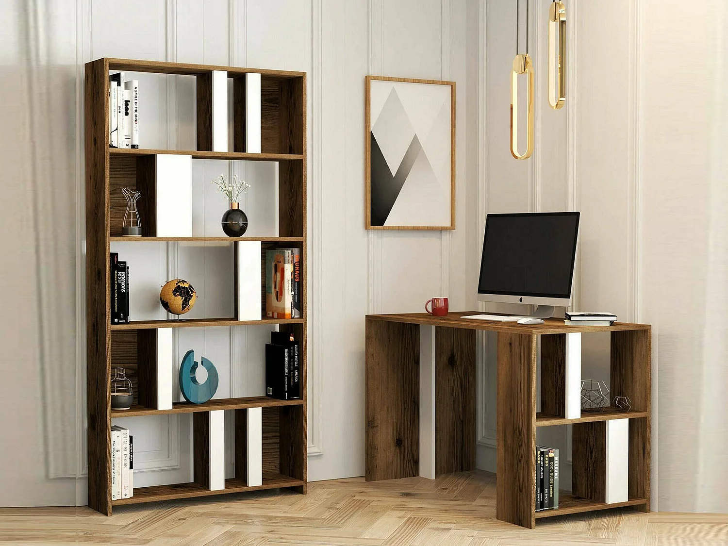 Bureau Mirach, Pupitre polyvalent, Table de bureau pour PC, Plan de travail, 120x60h75 cm, Noyer et Blanc