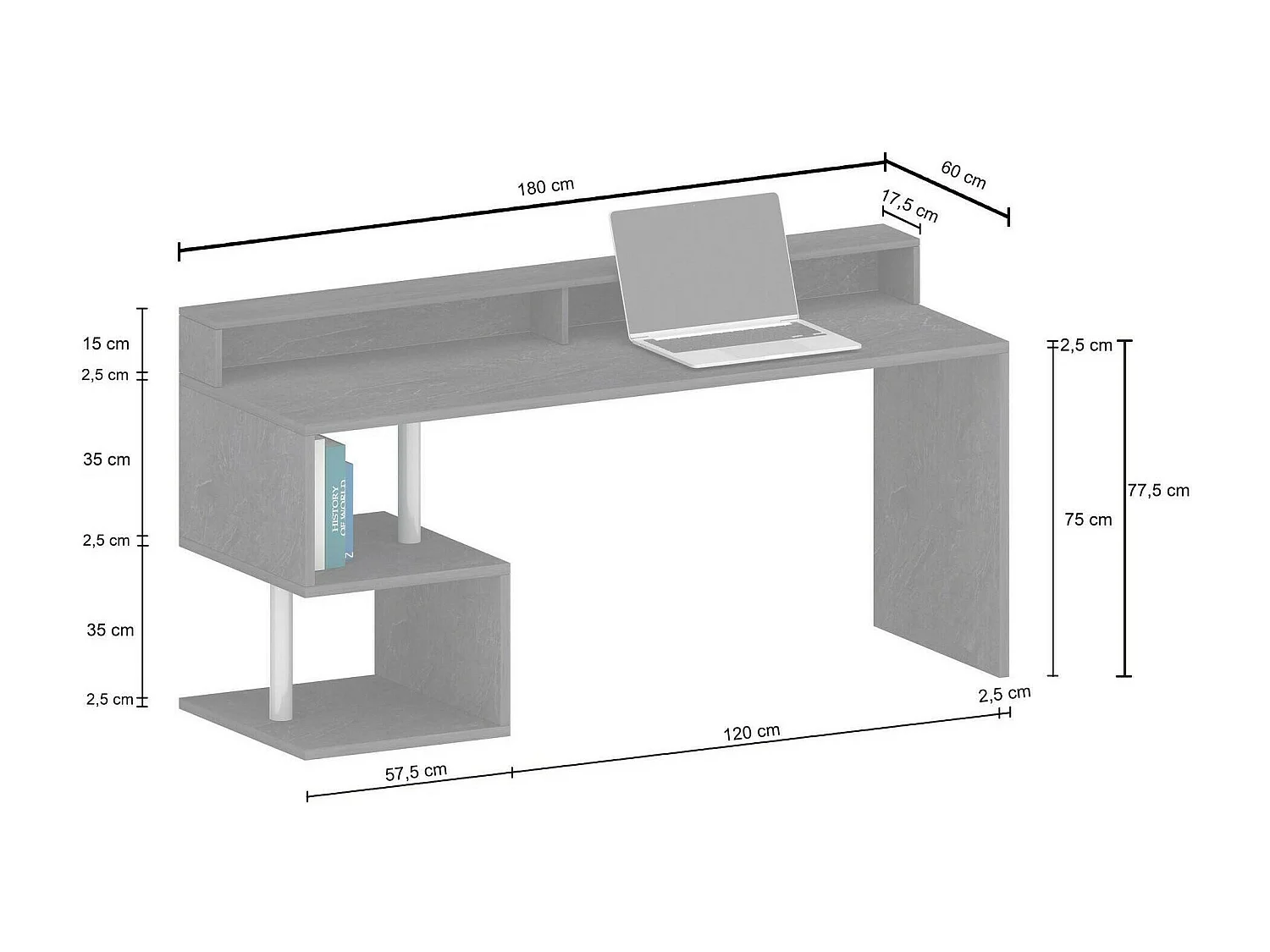 Bureau Serafino, Bureau linéaire avec étagères de rangement, Bureau polyvalent avec plateau, 180x60h93 cm, Blanc