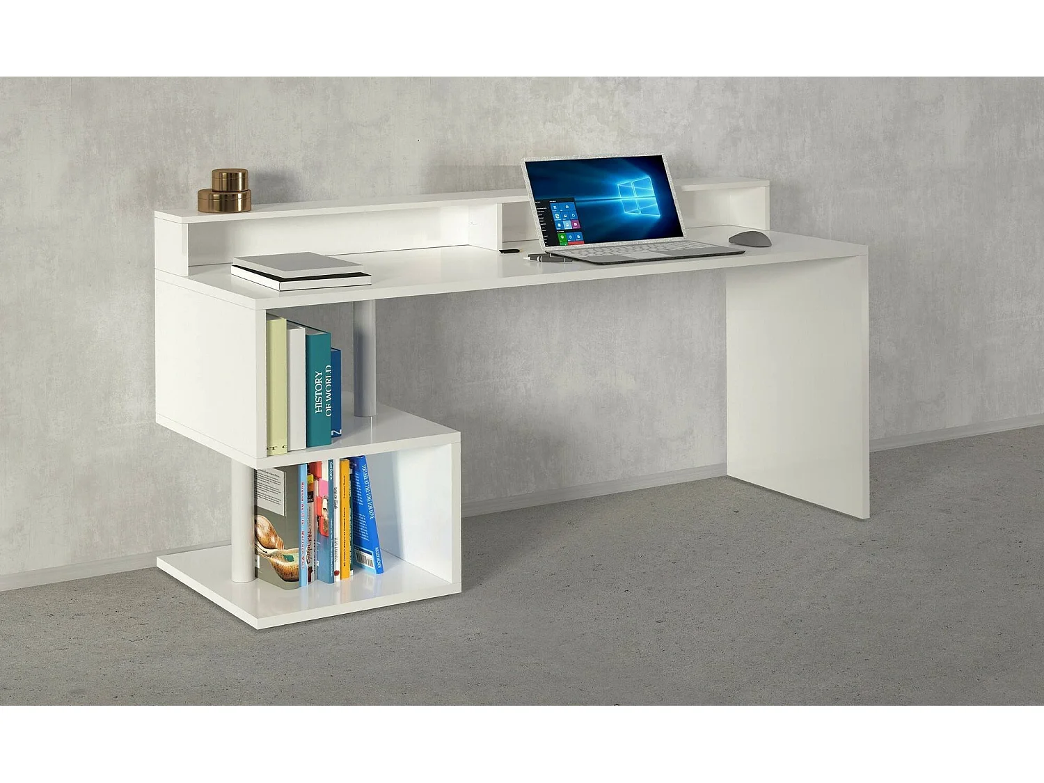 Mesa Dcheddir, Escrivaninha linear com prateleiras de armazenamento, Mesa de escritório multiuso com sor, 180x92,5h60 cm, Branco