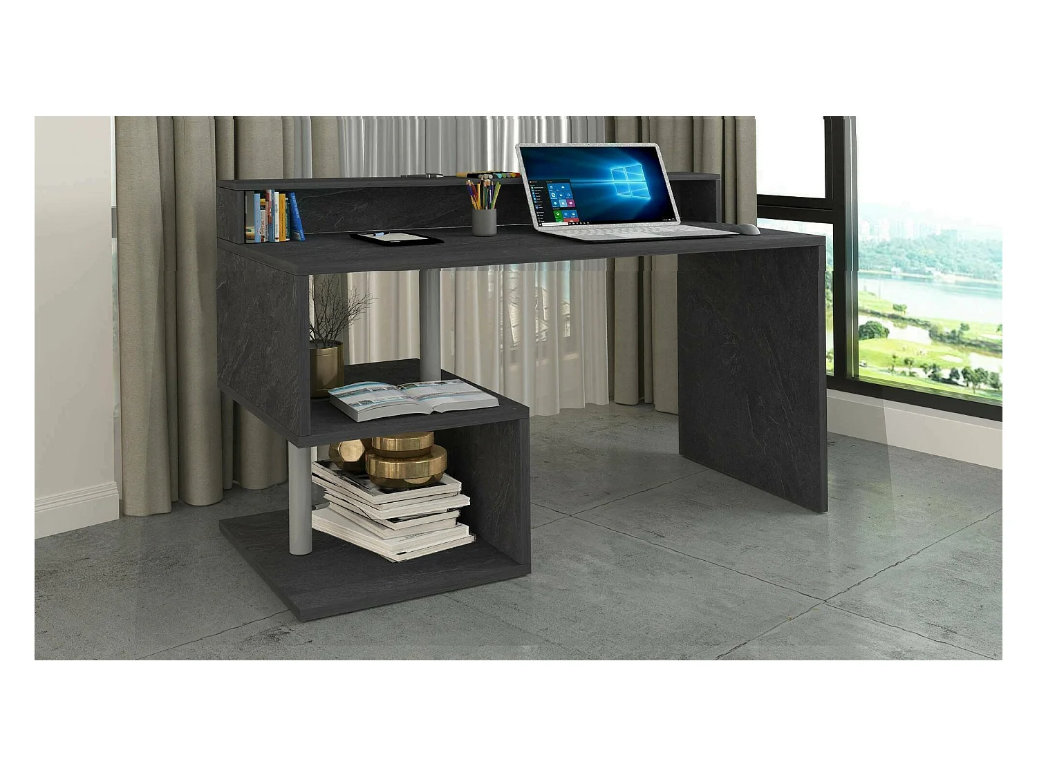 Bureau Silvestro, Bureau linéaire avec étagères de rangement, Bureau polyvalent avec plateau, 140x60h93 cm, Ardoise