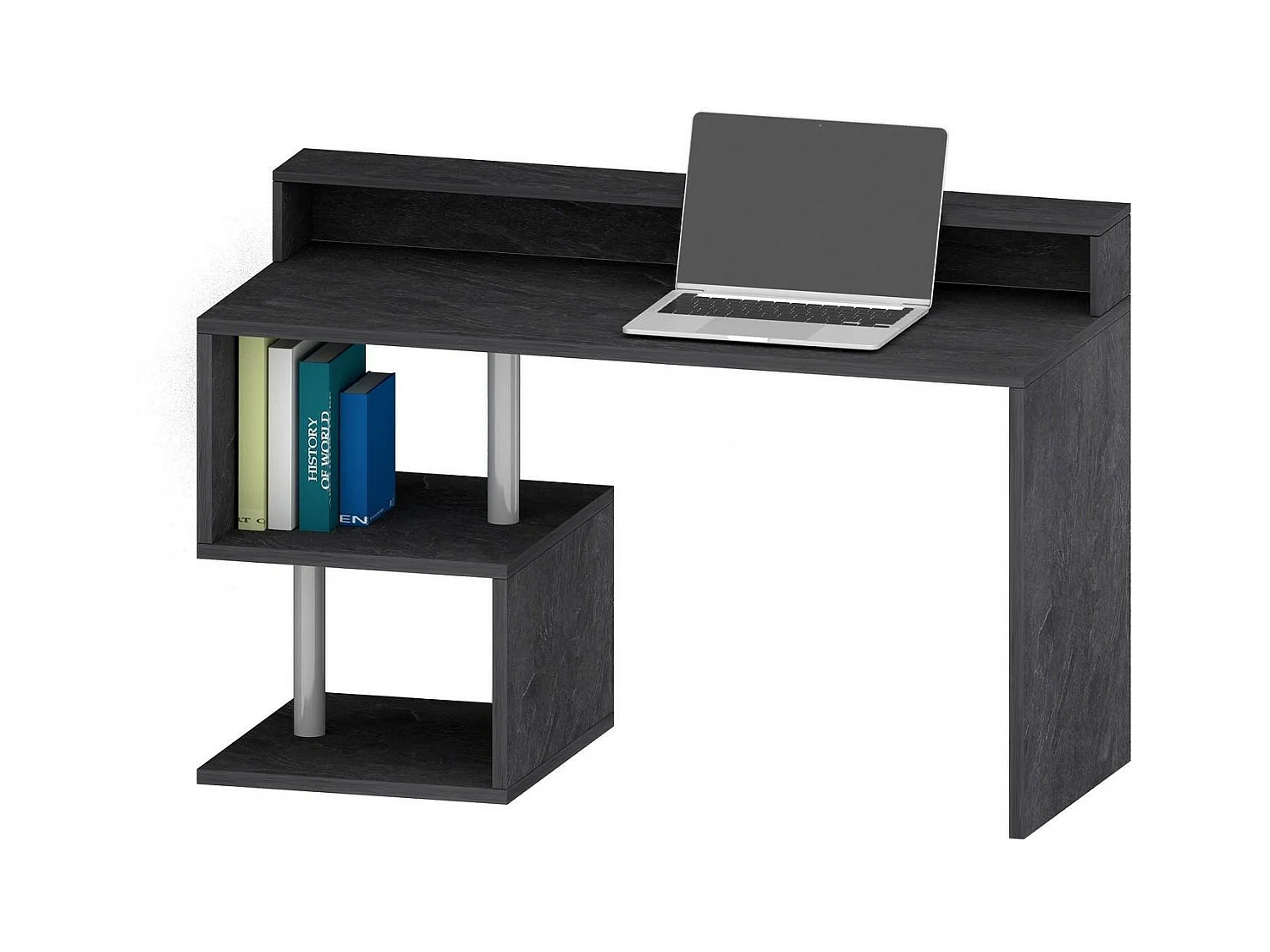 Bureau Silvestro, Bureau linéaire avec étagères de rangement, Bureau polyvalent avec plateau, 140x60h93 cm, Ardoise