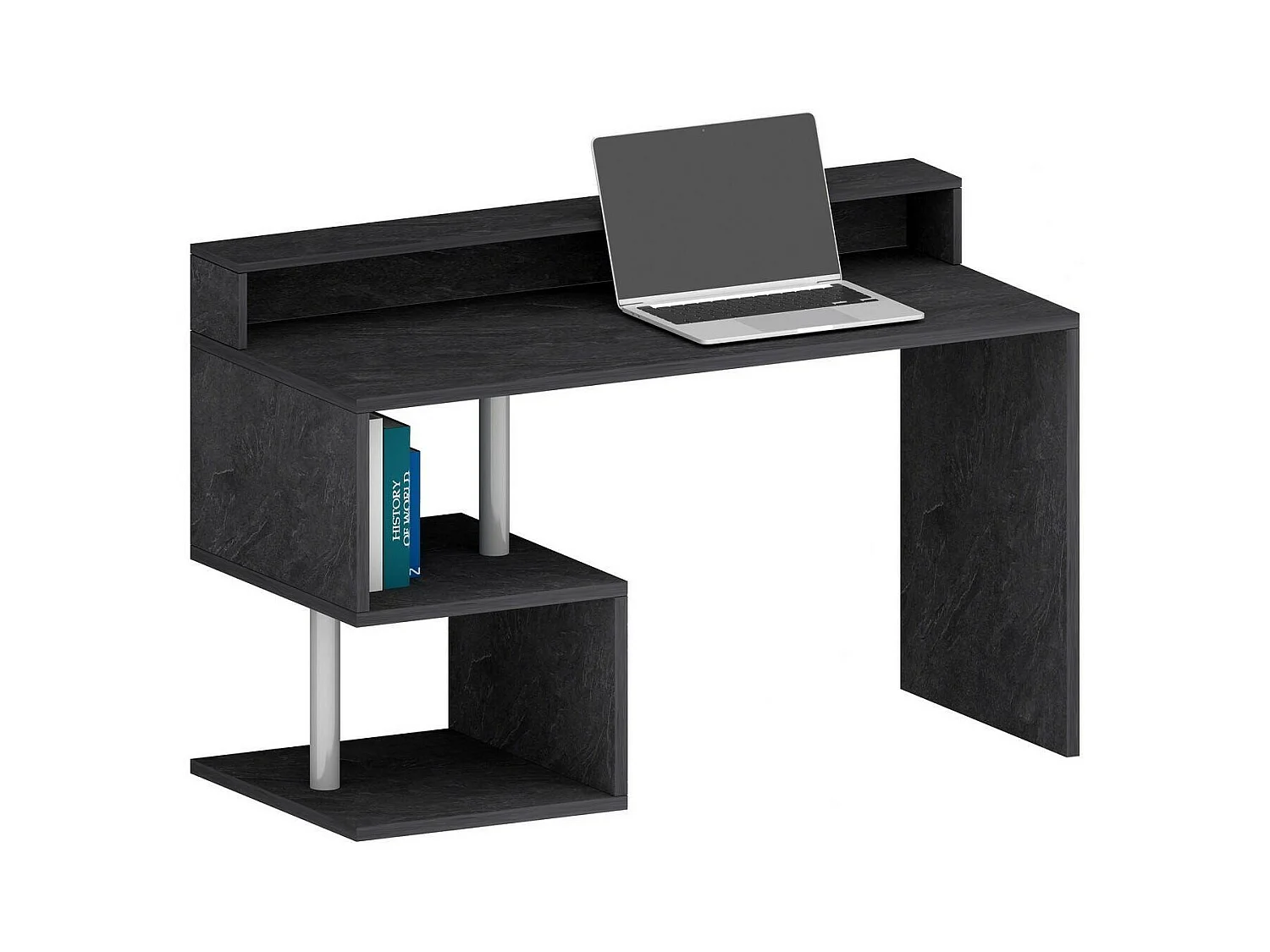 Bureau Silvestro, Bureau linéaire avec étagères de rangement, Bureau polyvalent avec plateau, 140x60h93 cm, Ardoise