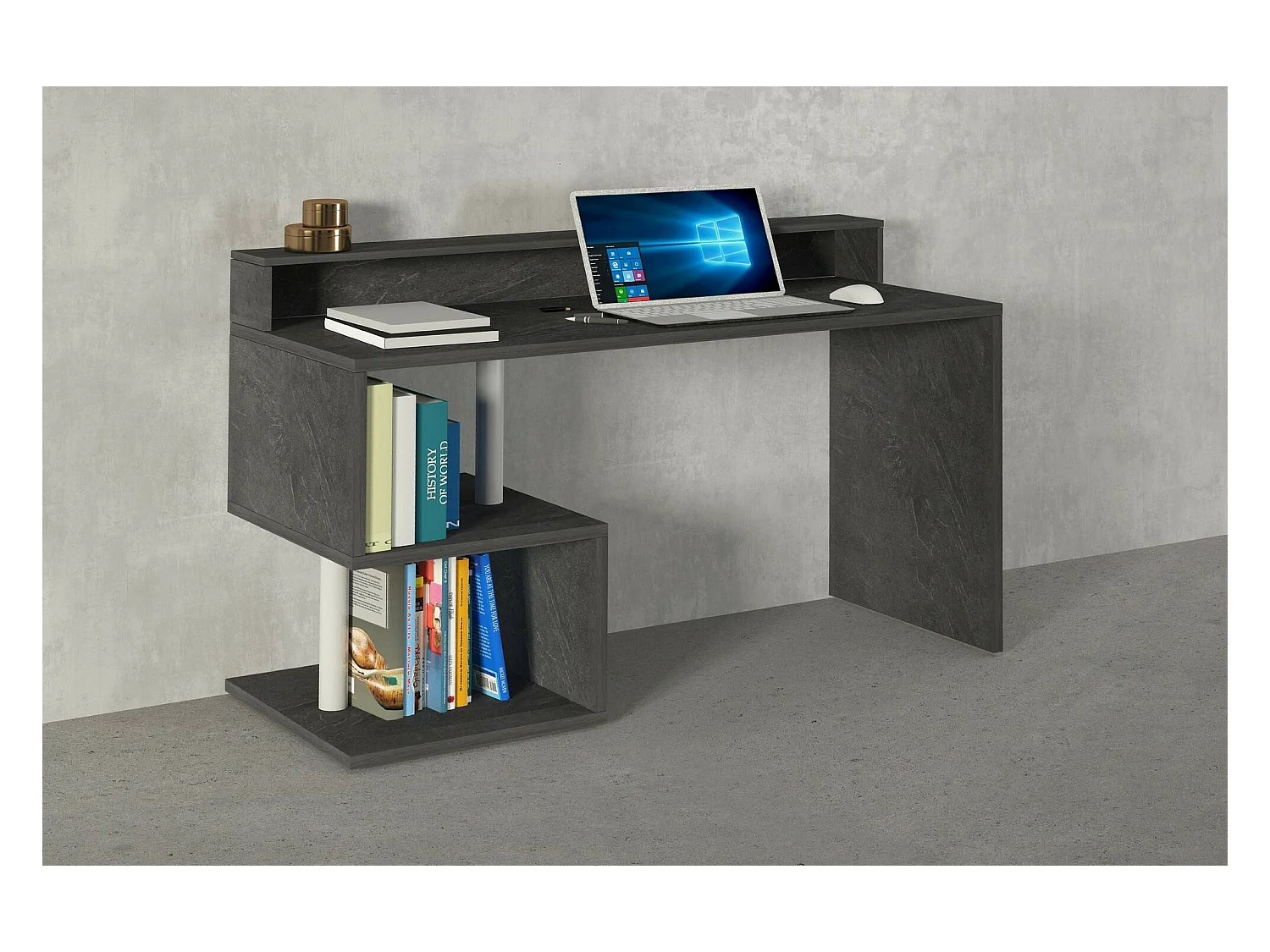 Bureau Silvestro, Bureau linéaire avec étagères de rangement, Bureau polyvalent avec plateau, 140x60h93 cm, Ardoise