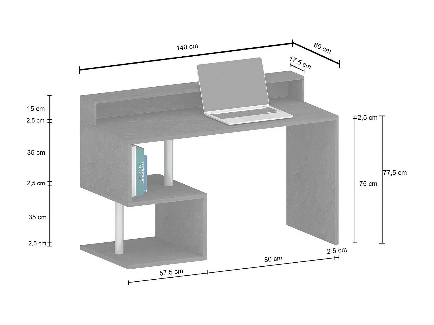 Mesa Dcheryshe, Mesa LinearCom prateleiras de armazenamento, mesa de escritório multiuso com sola, 140x60h93 cm, ardósia