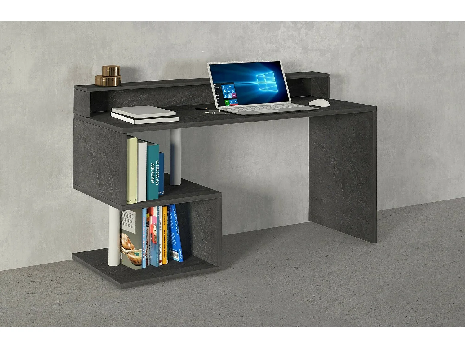 Schreibtisch Dcheryshe, linearer Schreibtisch mit Ablagefächern, Mehrzweck-Büroschreibtisch mit Platte, 140x60h93 cm, Schiefer