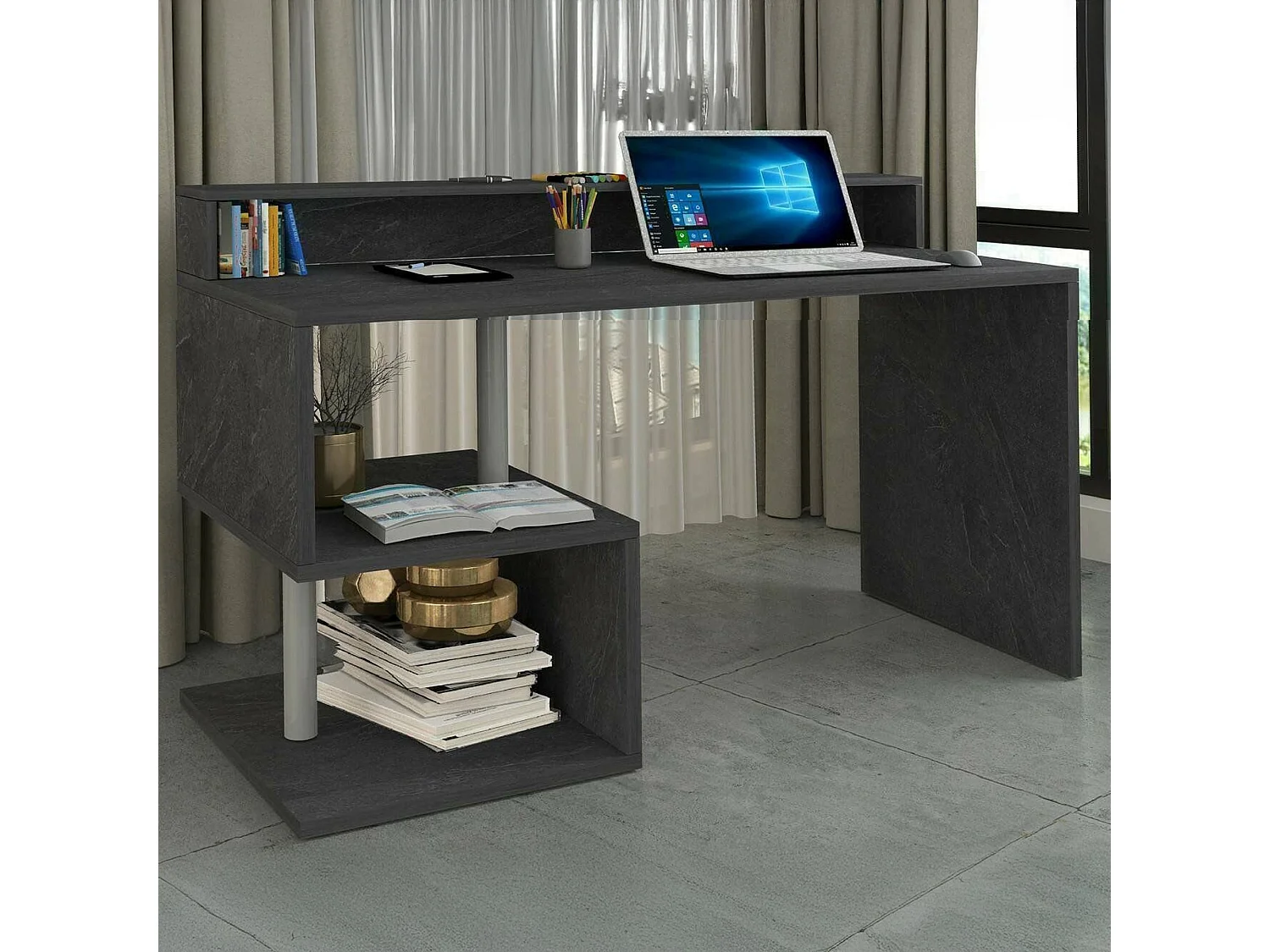 Schreibtisch Dcheryshe, linearer Schreibtisch mit Ablagefächern, Mehrzweck-Büroschreibtisch mit Platte, 140x60h93 cm, Schiefer