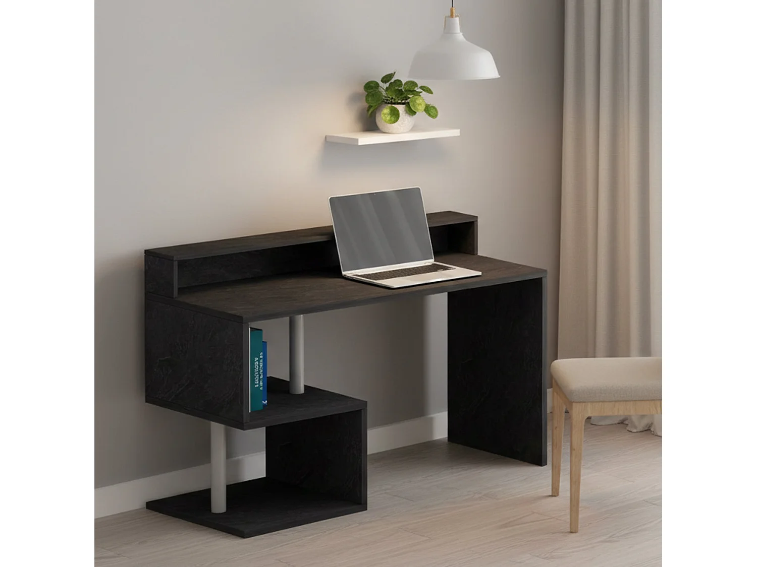 Dcheryshe Bureau, Lineair BureauMet opbergplanken, Multifunctioneel bureau met riser, 140x60h93 cm, Leisteen