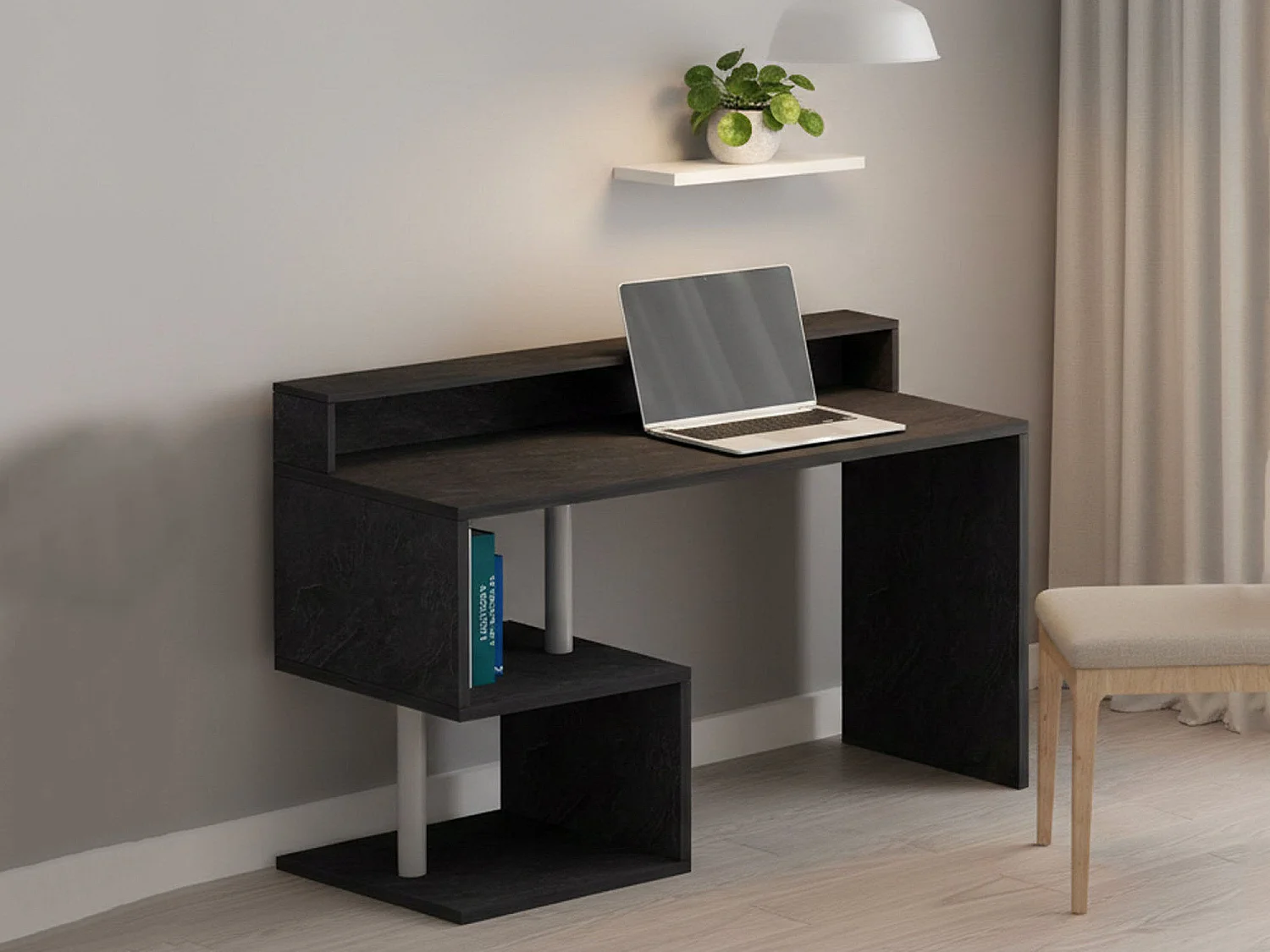 Bureau Silvestro, Bureau linéaire avec étagères de rangement, Bureau polyvalent avec plateau, 140x60h93 cm, Ardoise