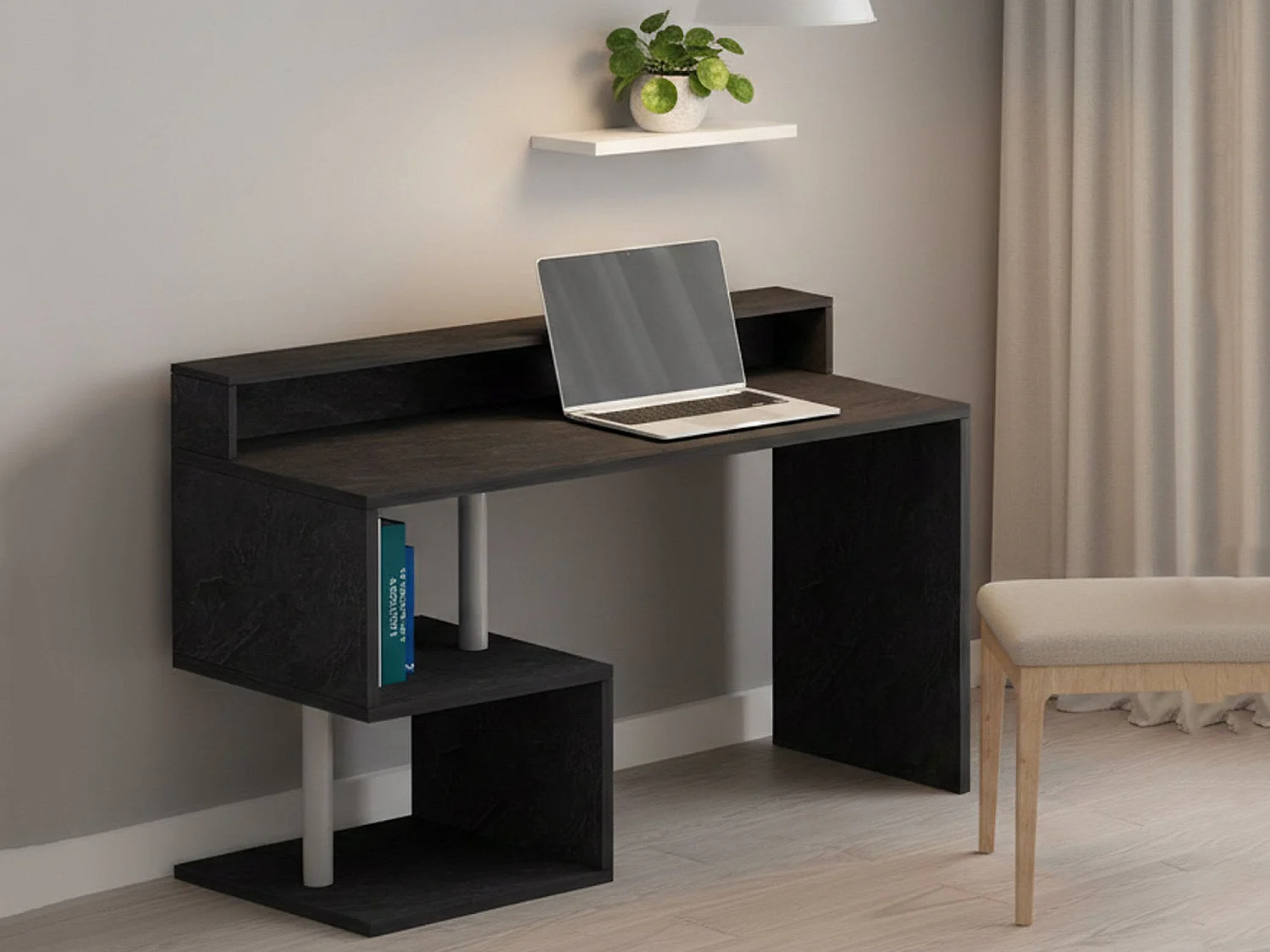 Bureau Silvestro, Bureau linéaire avec étagères de rangement, Bureau polyvalent avec plateau, 140x60h93 cm, Ardoise