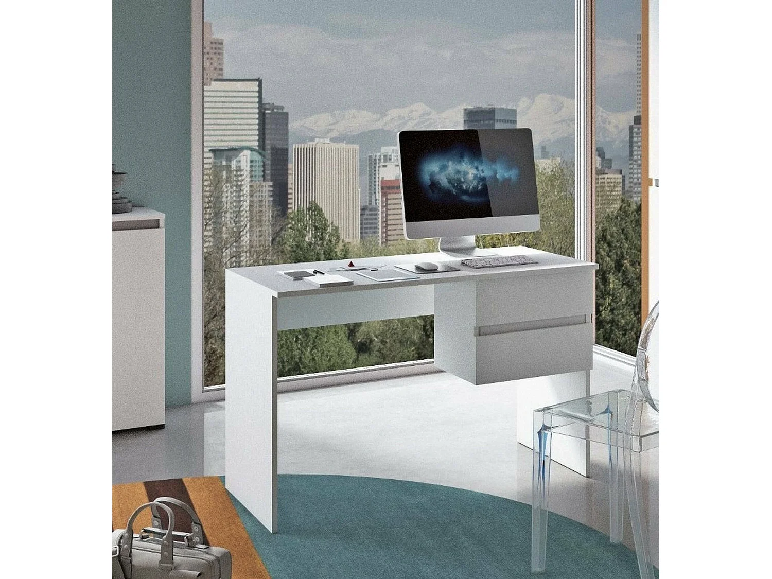 Mesa Dbarbier, Mesa linear com 2 gavetas, Mesa de estudo multiuso e que economiza espaço, 100% Made in Italy, 110x53h76 cm, Branco