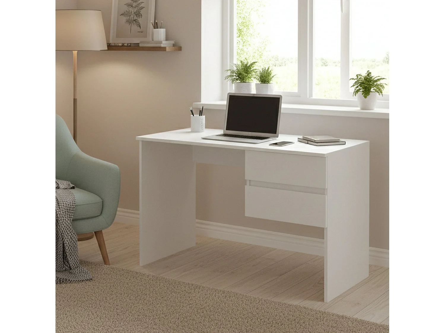 Bureau Carpino, Bureau linéaire avec 2 tiroirs, Table d'étude polyvalente et peu encombrante, 100% Made in Italy, 110x53h76 cm, Blanc