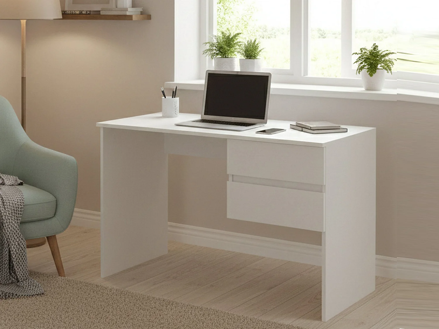 Bureau Carpino, Bureau linéaire avec 2 tiroirs, Table d'étude polyvalente et peu encombrante, 100% Made in Italy, 110x53h76 cm, Blanc