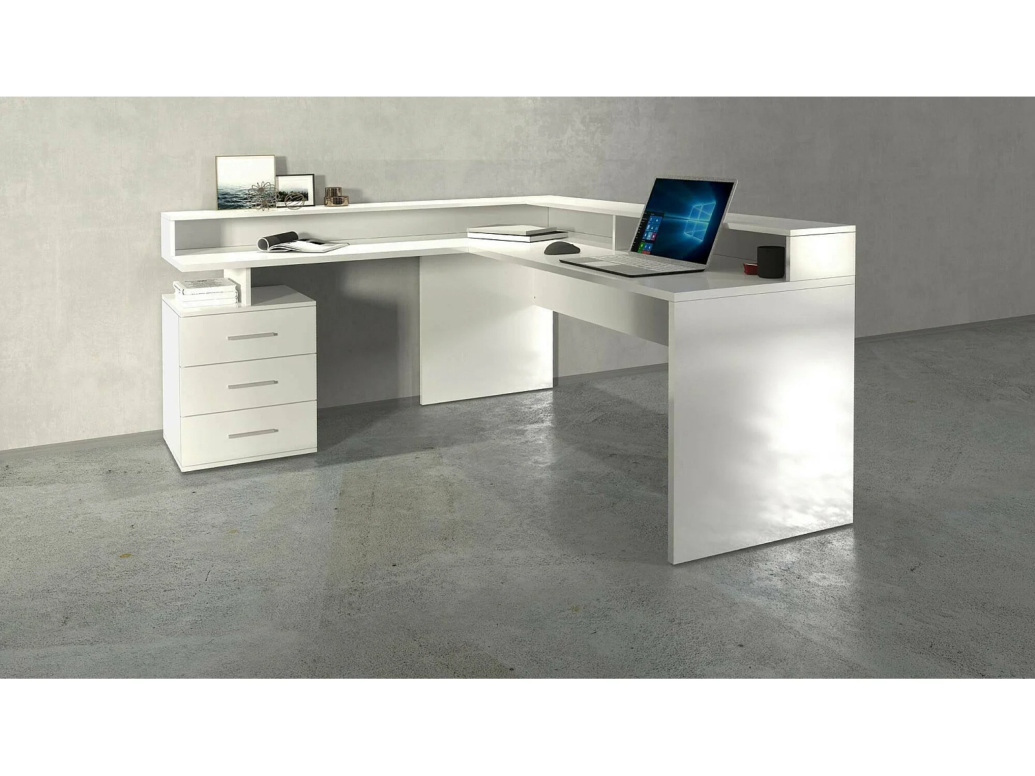 Bureau Salomone, Bureau d'angle avec plateau, Bureau polyvalent, 180x90h160 cm, Blanc