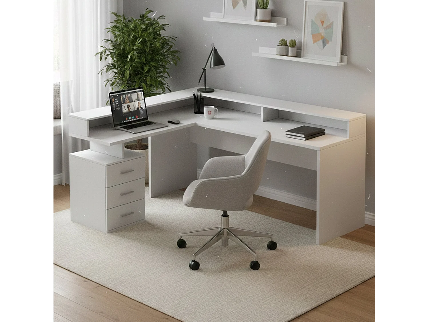 Dcerretell Bureau, Hoekbureau met Hendel, Multifunctioneel Bureau, 180x90h160 cm, Wit