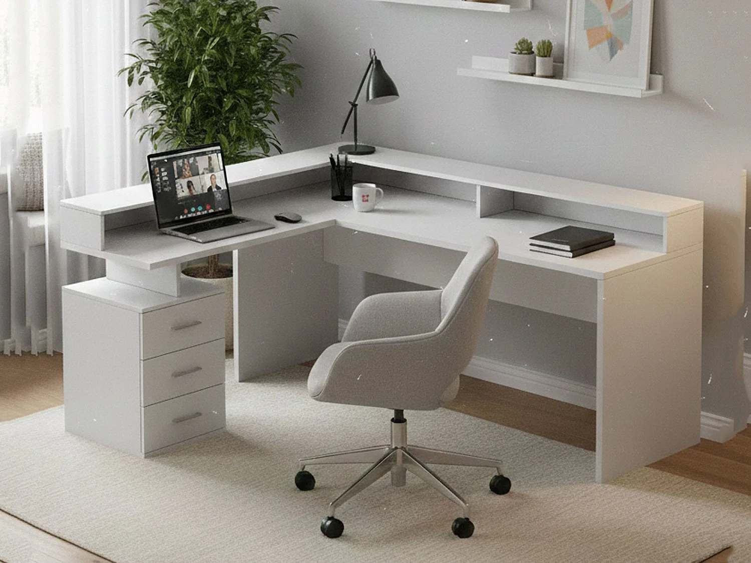 Schreibtisch Dcerretell, Eckschreibtisch mit Platte, Mehrzweck-Büroschreibtisch, 180x90h160 cm, WeiÃŸ