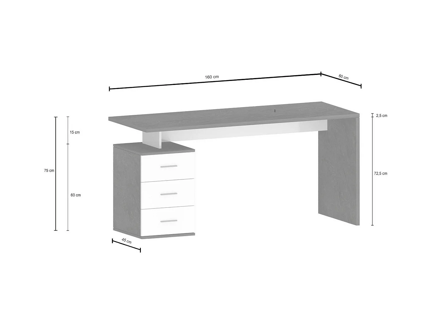 Bureau Siro, Bureau Linéaire, Bureau polyvalent, Bureau gain de place multi-positions, 160x60h75 cm, Blanc et Ardoise