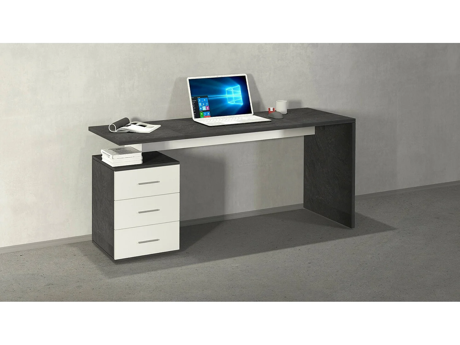 Bureau Siro, Bureau Linéaire, Bureau polyvalent, Bureau gain de place multi-positions, 160x60h75 cm, Blanc et Ardoise