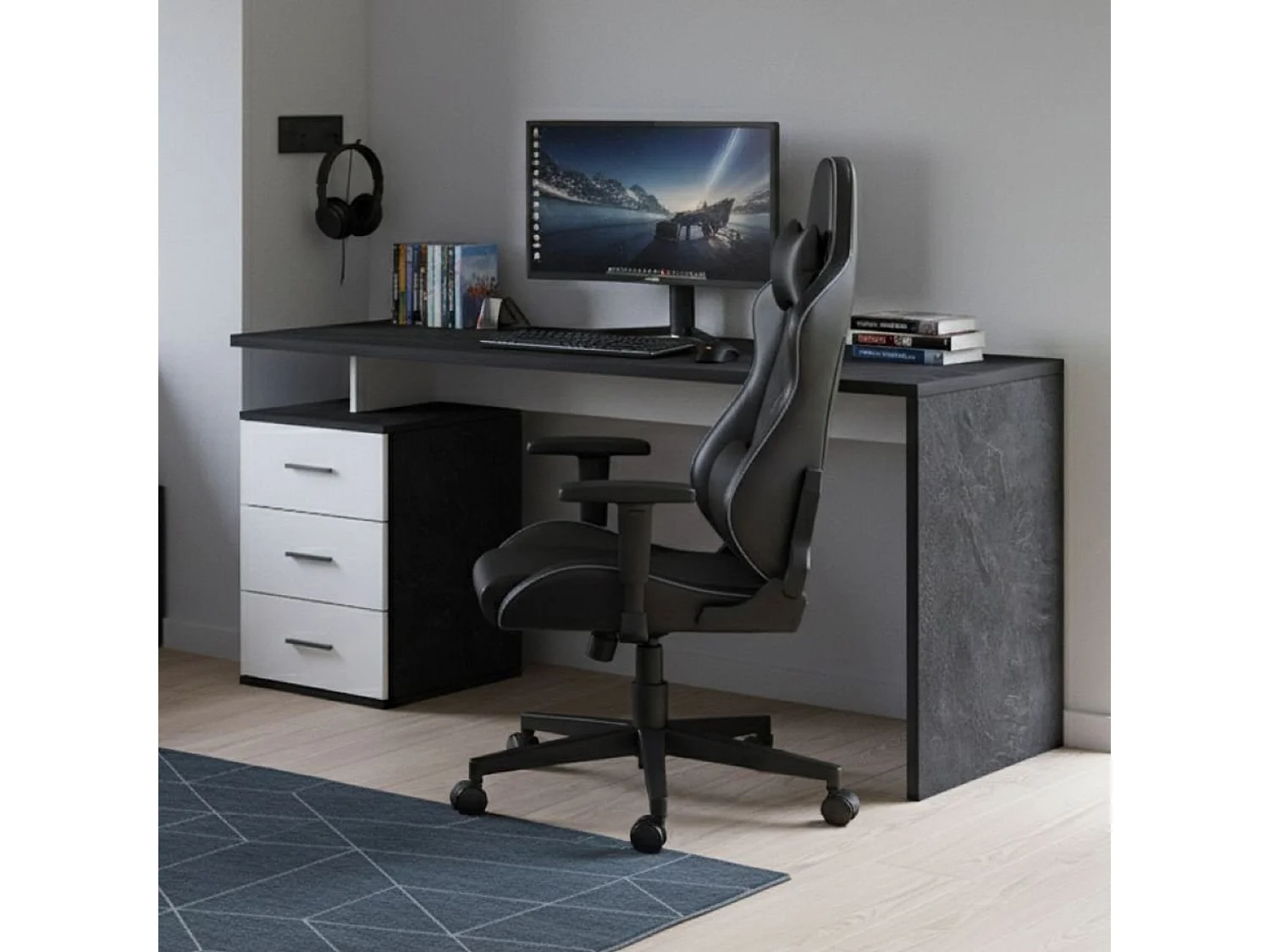 Bureau Siro, Bureau Linéaire, Bureau polyvalent, Bureau gain de place multi-positions, 160x60h75 cm, Blanc et Ardoise