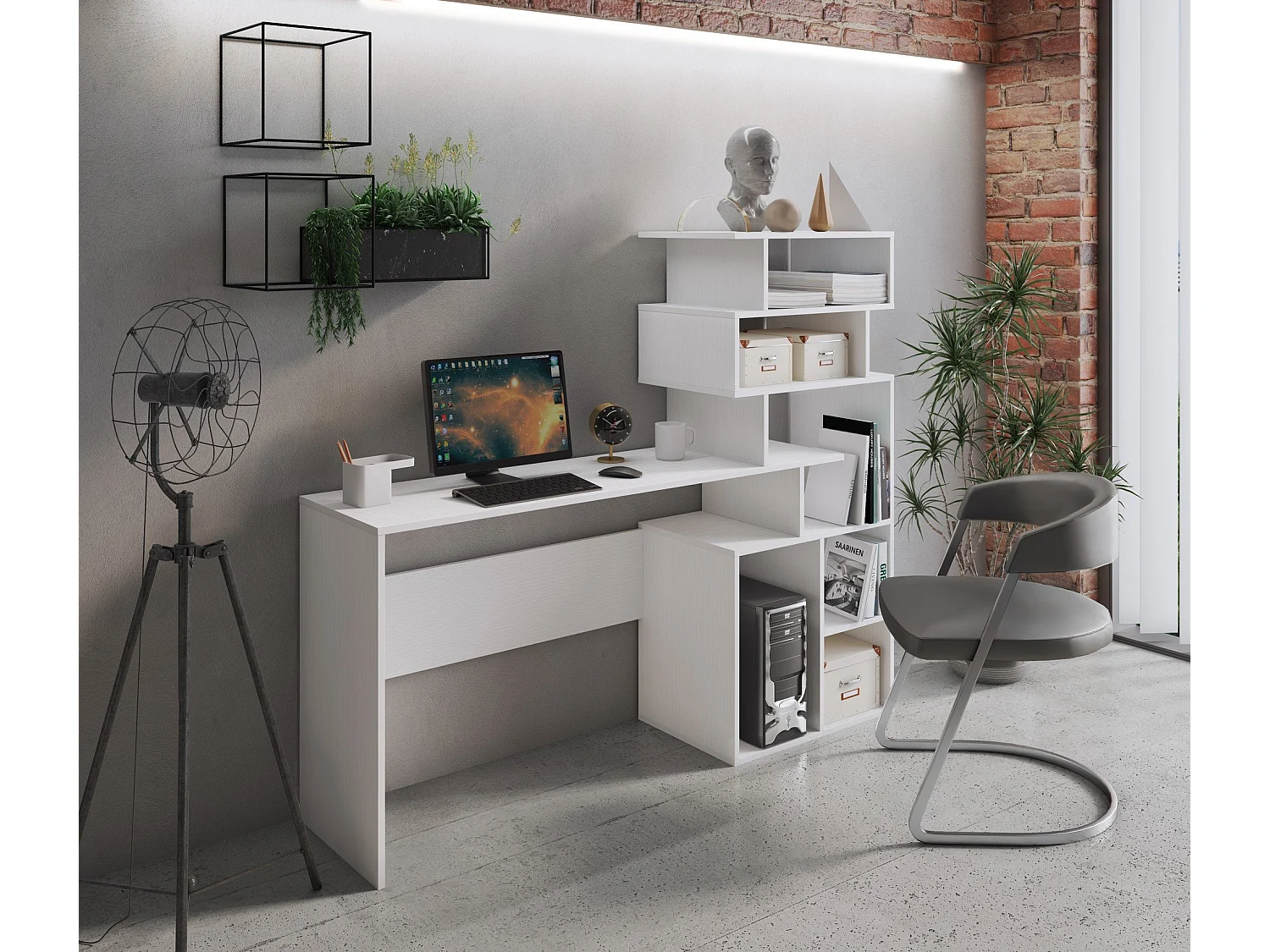 Escritorio Arrecife, Escritorio con librería, Escritorio de oficina, Escritorio lineal multiusos que ahorra espacio, 159x40h135 cm, Blanco