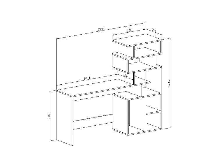 Bureau Nicolosi, 6 compartiments, 158x40x135h cm blanc, plateau en bois mélaminé, étagère blanche