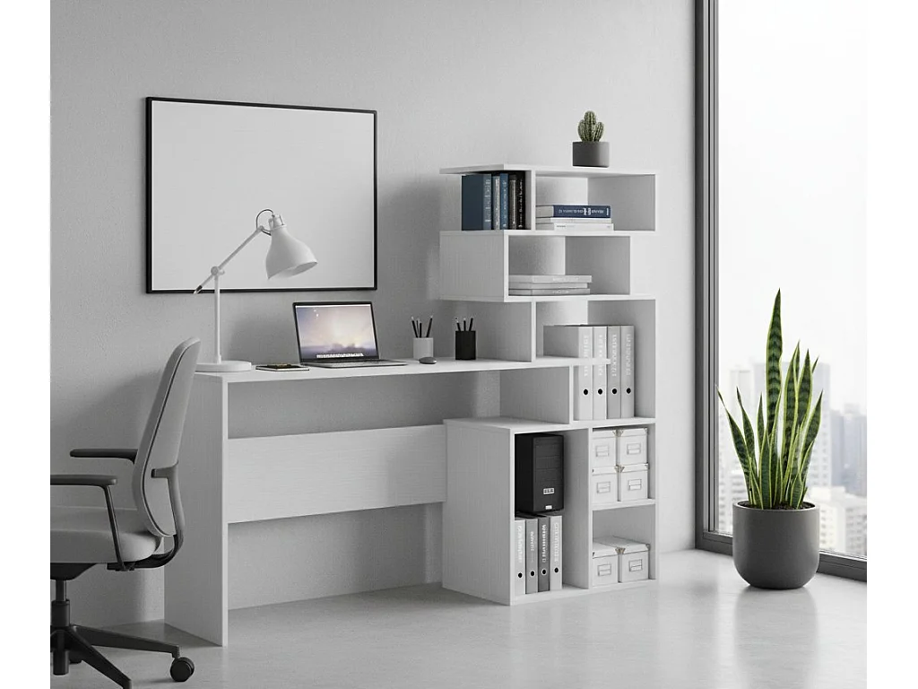 Bureau Nicolosi, 6 compartiments, 158x40x135h cm blanc, plateau en bois mélaminé, étagère blanche