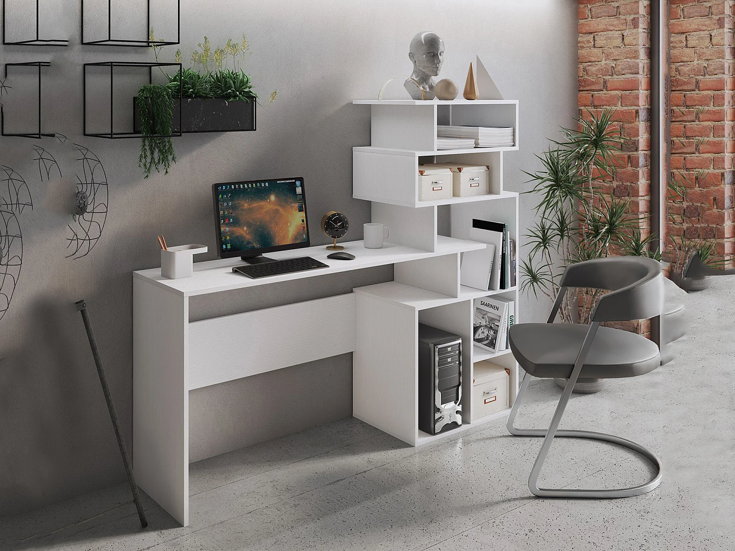 Bureau Nicolosi, 6 compartiments, 158x40x135h cm blanc, plateau en bois mélaminé, étagère blanche