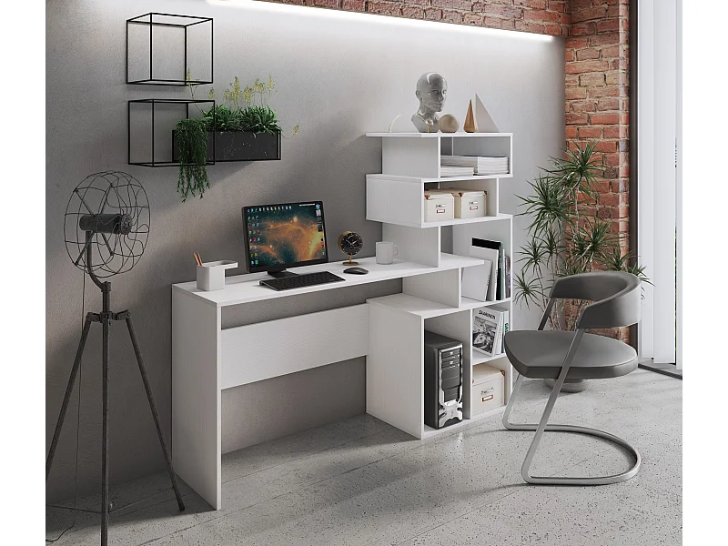 Scrivania Arrecife, Scrittoio con libreria, Scrivania da ufficio, Scrivania lineare salvaspazio multiuso, 159x40h135 cm, Bianco