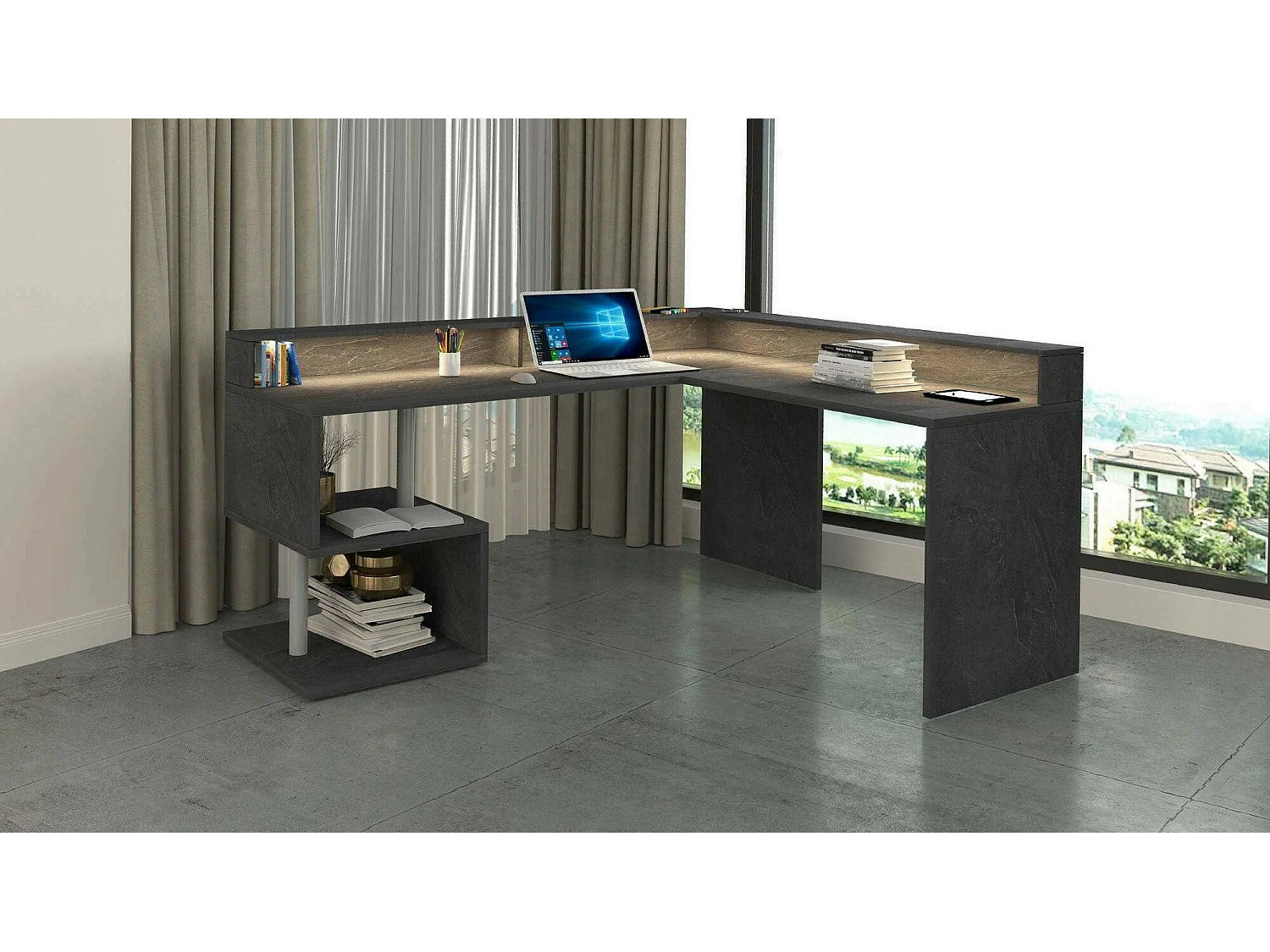 Escritorio Dcalhanogl, Escritorio de esquina con estantes de almacenamiento y luces LED, Escritorio de oficina multiusos, 180x92,5h160 cm, Pizarra