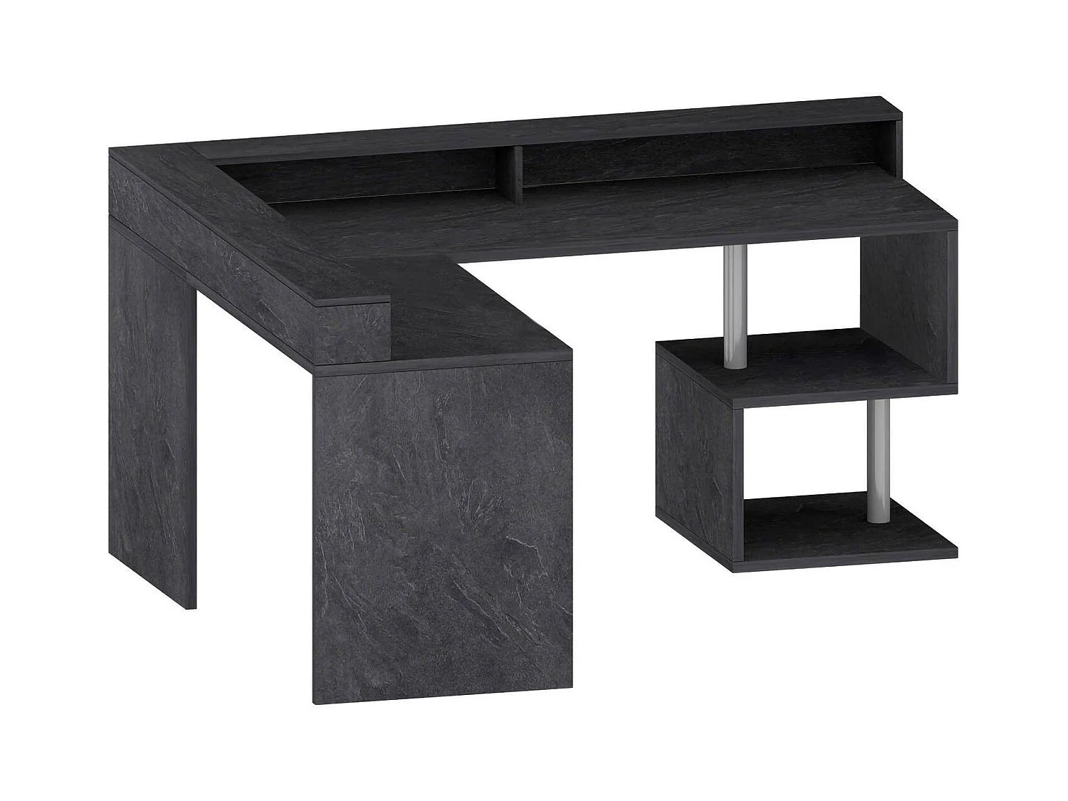 Bureau Albert, Bureau d'angle avec étagères de rangement avec lampes LED, Bureau polyvalent avec plateau, 180x60h93 cm, Ardoise